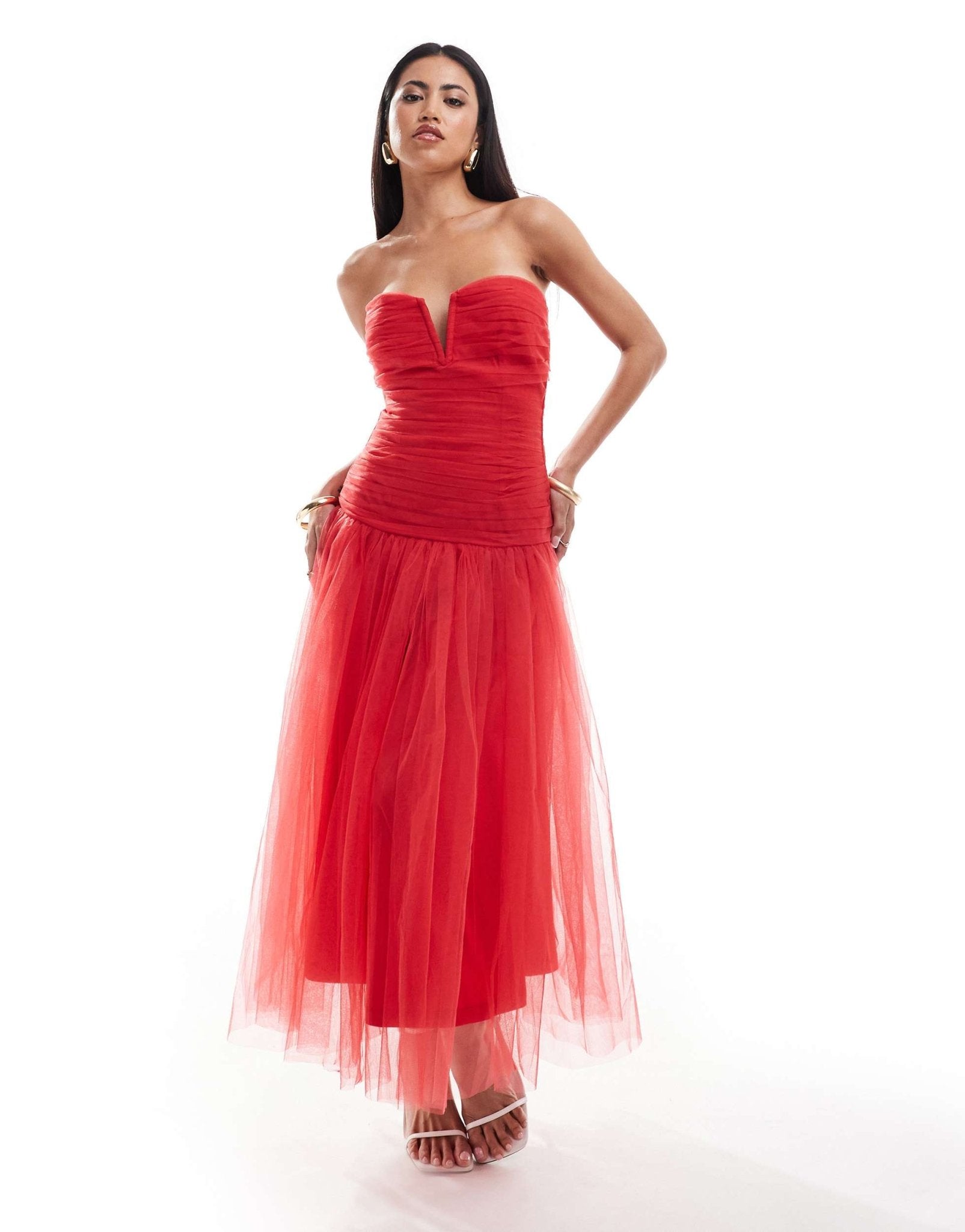 Lace & Beads drop hem tulle maxi dress in red - ASOS Sample Sale EU Store