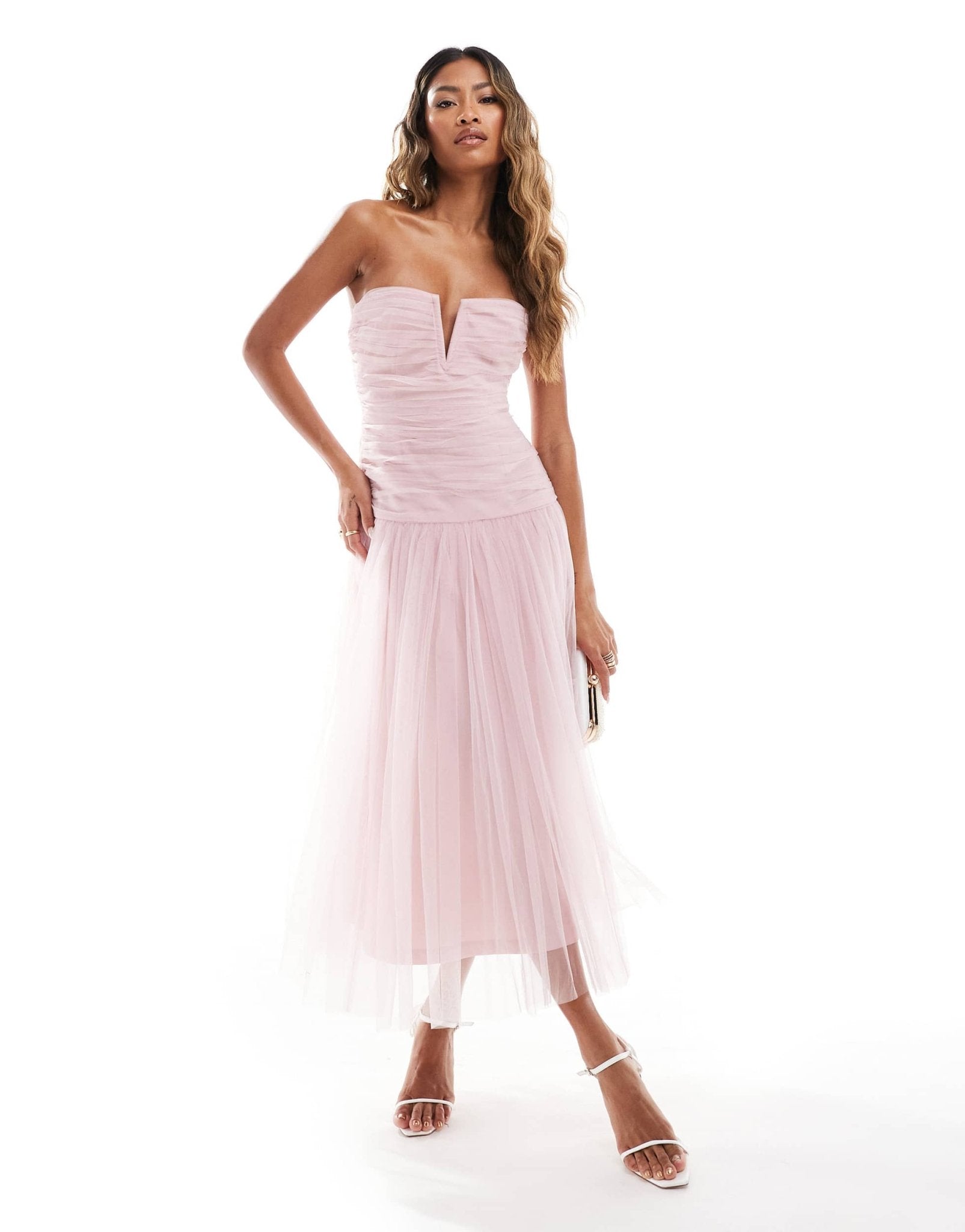 Lace & Beads drop hem tulle midaxi dress in powder pink - ASOS Sample Sale EU Store