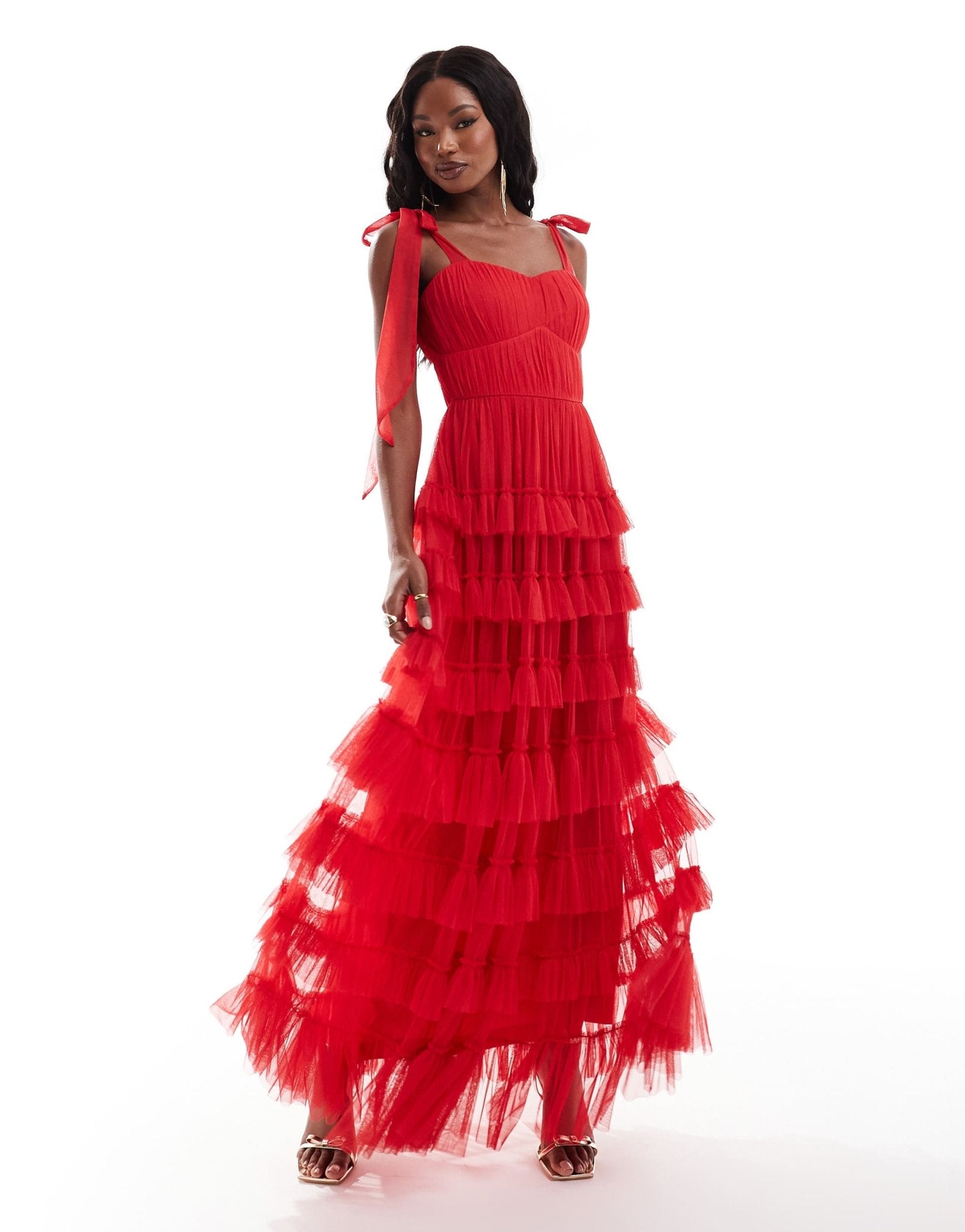 Lace & Beads empire waist ruffle maxi dress in red - ASOS Sample Sale EU Store