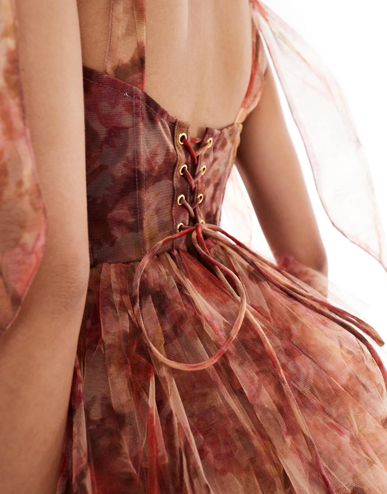 Lace & Beads lace up corset bow shoulder tulle mini dress in rose print - ASOS Sample Sale EU Store
