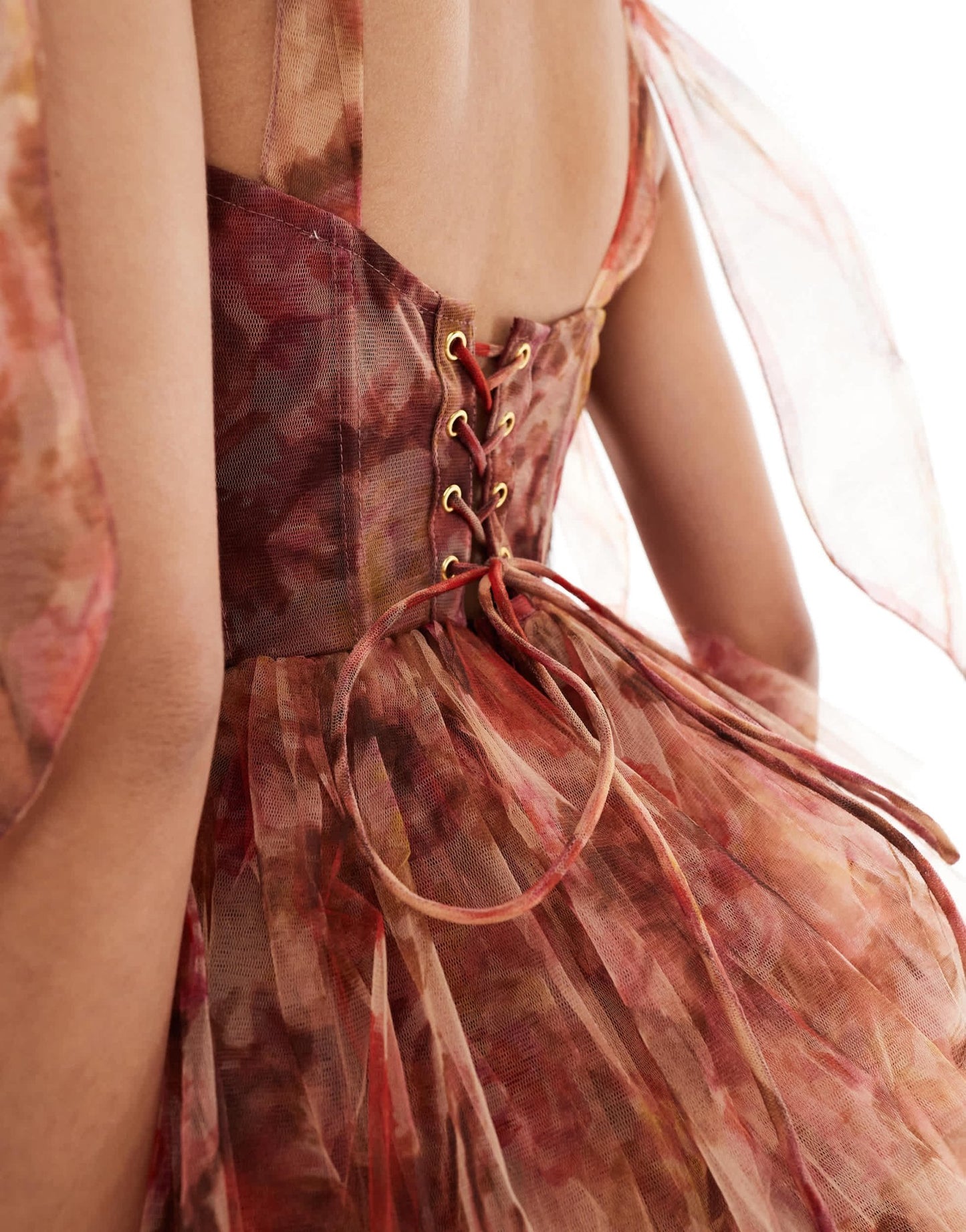 Lace & Beads lace up corset bow shoulder tulle mini dress in rose print - ASOS Sample Sale EU Store