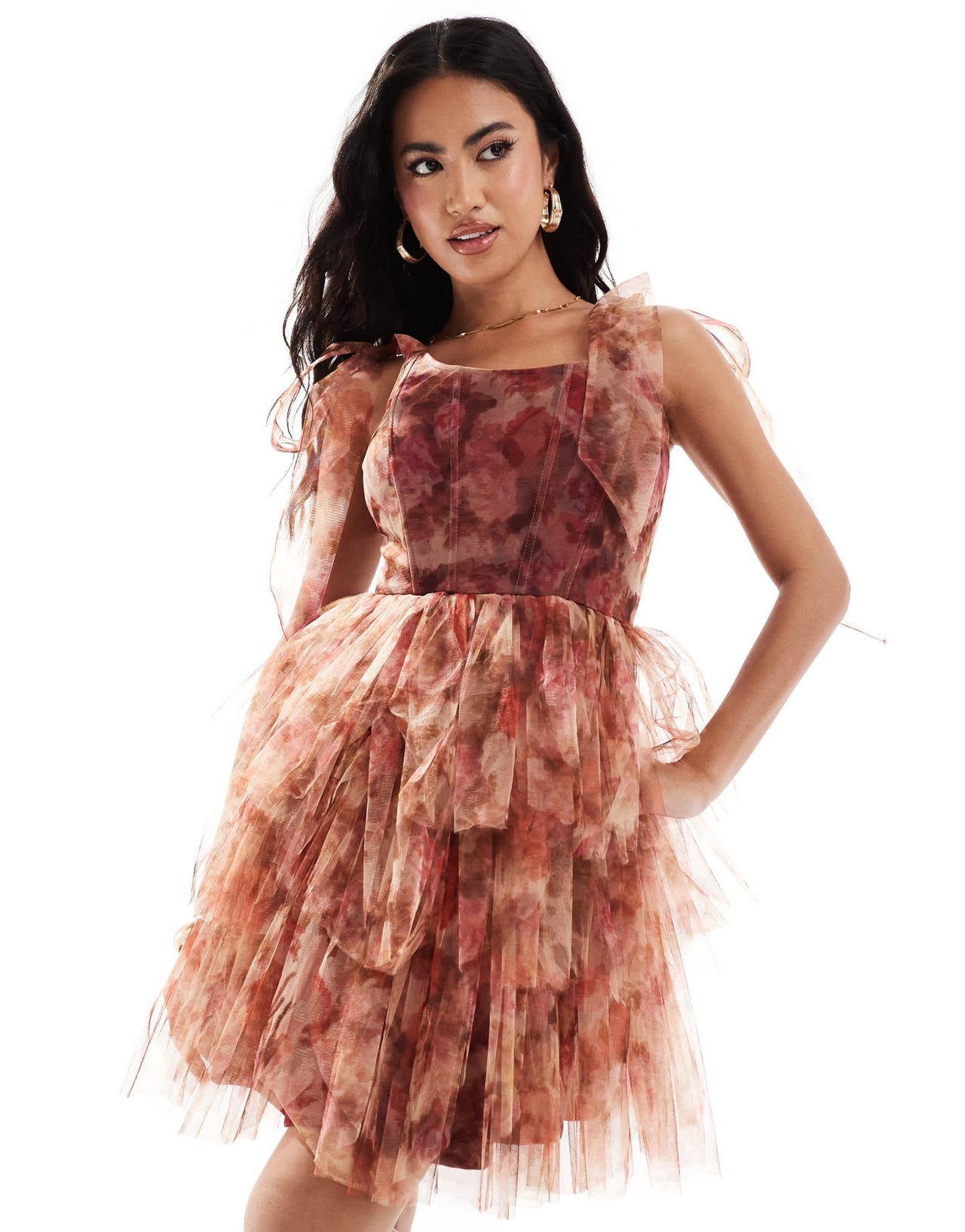 Lace & Beads lace up corset bow shoulder tulle mini dress in rose print - ASOS Sample Sale EU Store