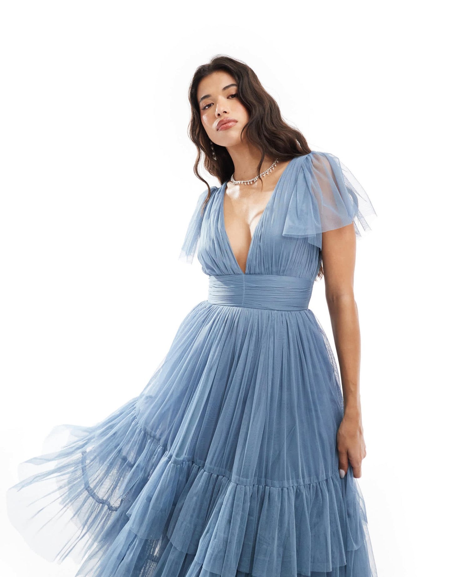 Lace & Beads Madison v neck tulle midi dress in deep blue - ASOS Sample Sale EU Store