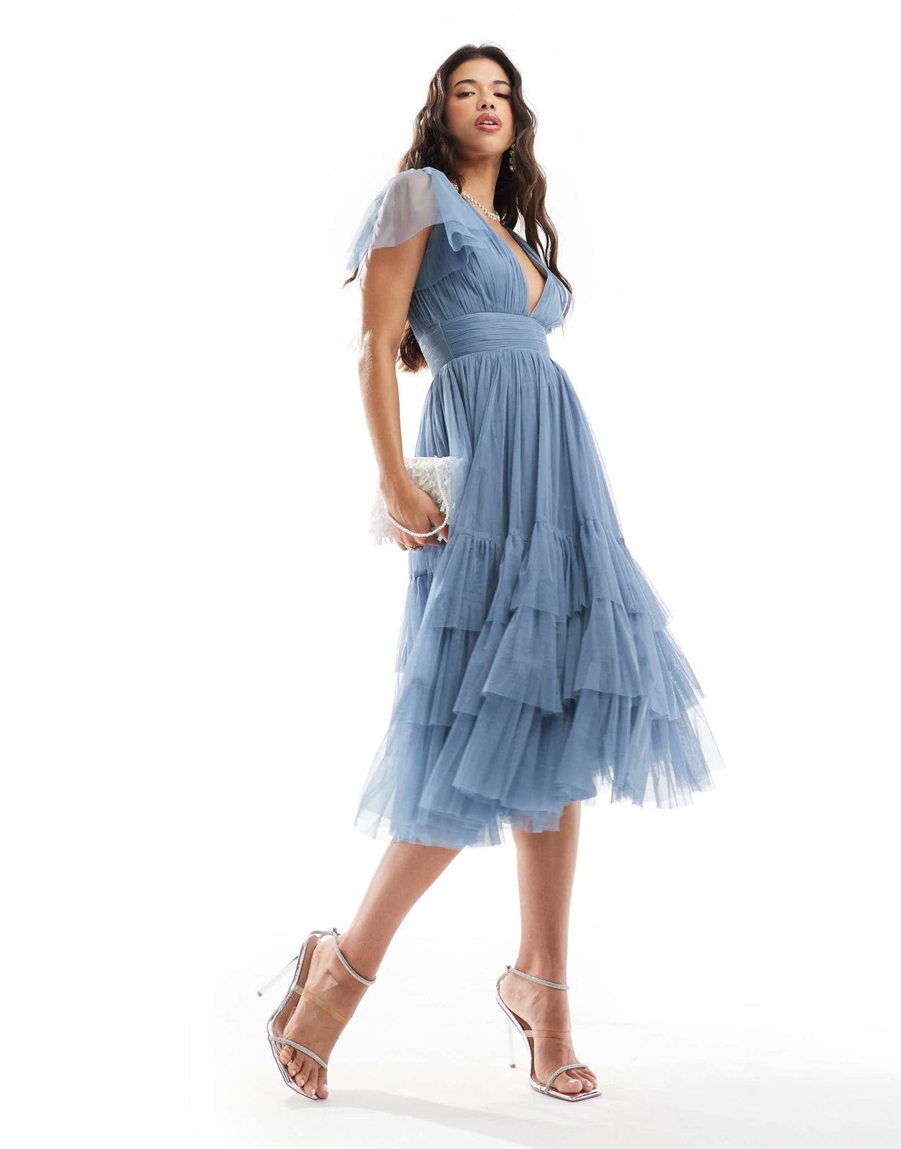 Lace & Beads Madison v neck tulle midi dress in deep blue - ASOS Sample Sale EU Store