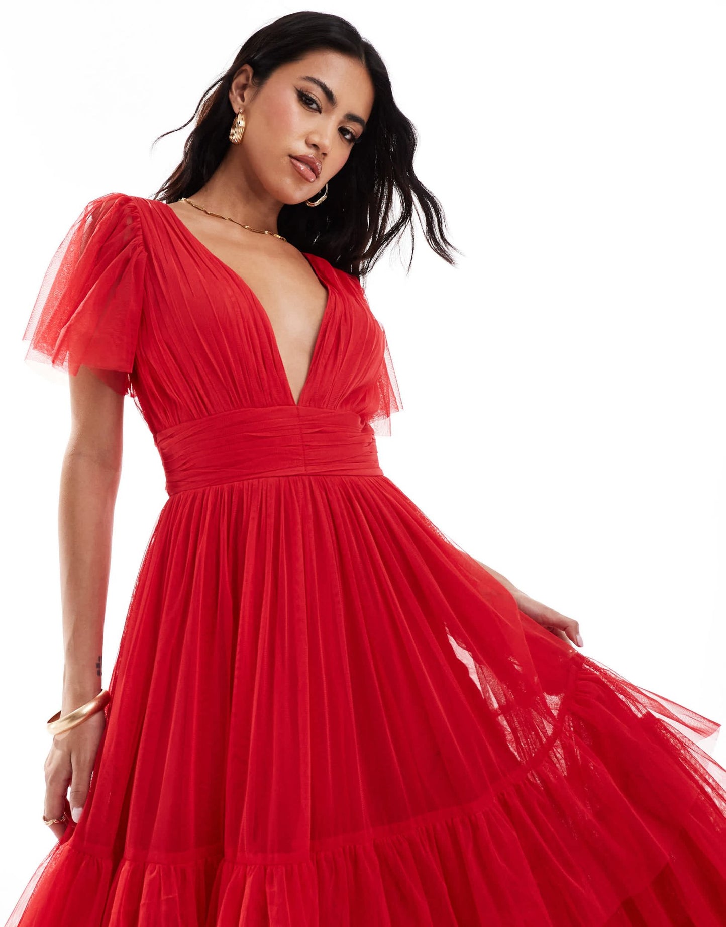 Lace & Beads Madison v neck tulle midi dress in red - ASOS Sample Sale EU Store