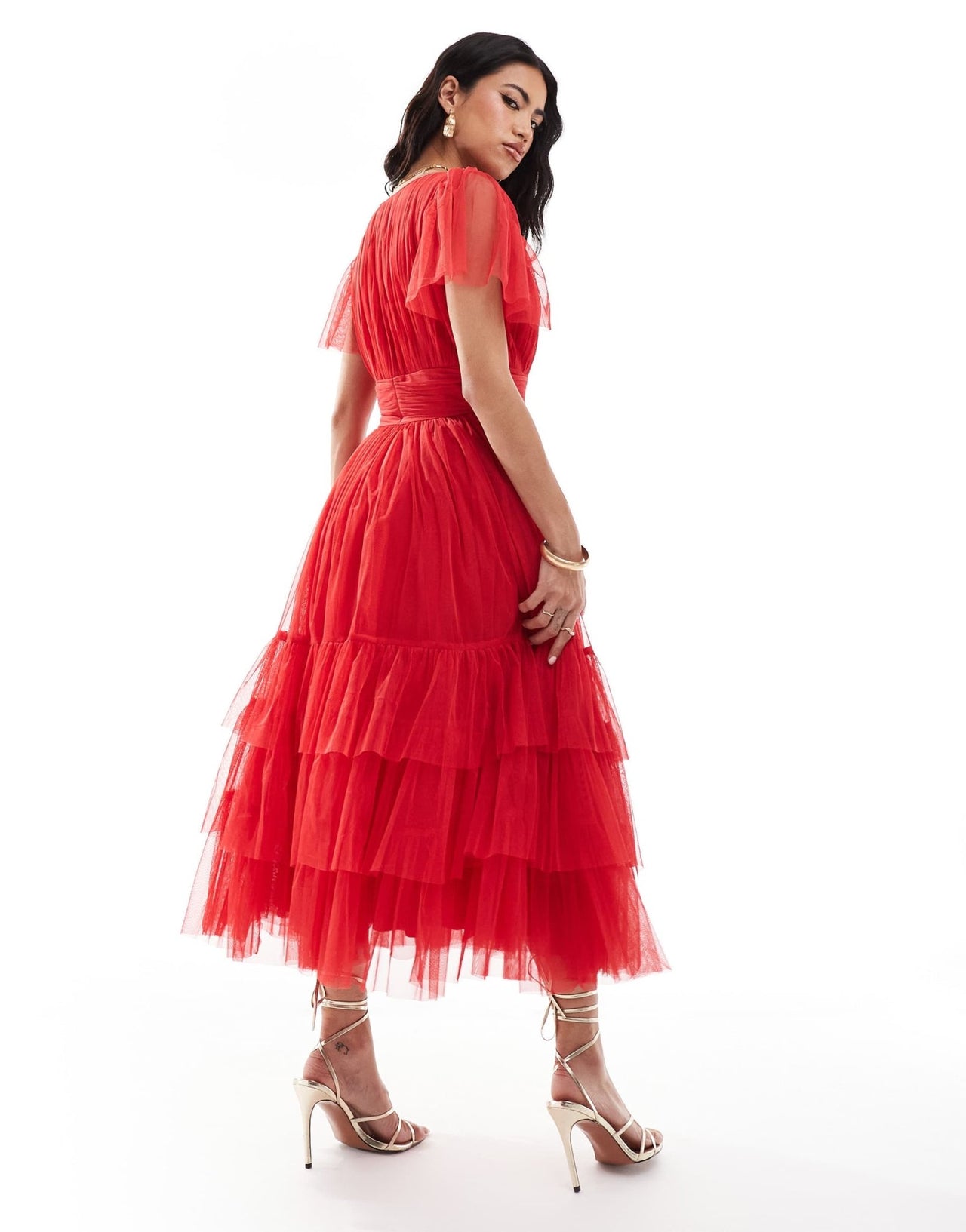 Lace & Beads Madison v neck tulle midi dress in red - ASOS Sample Sale EU Store