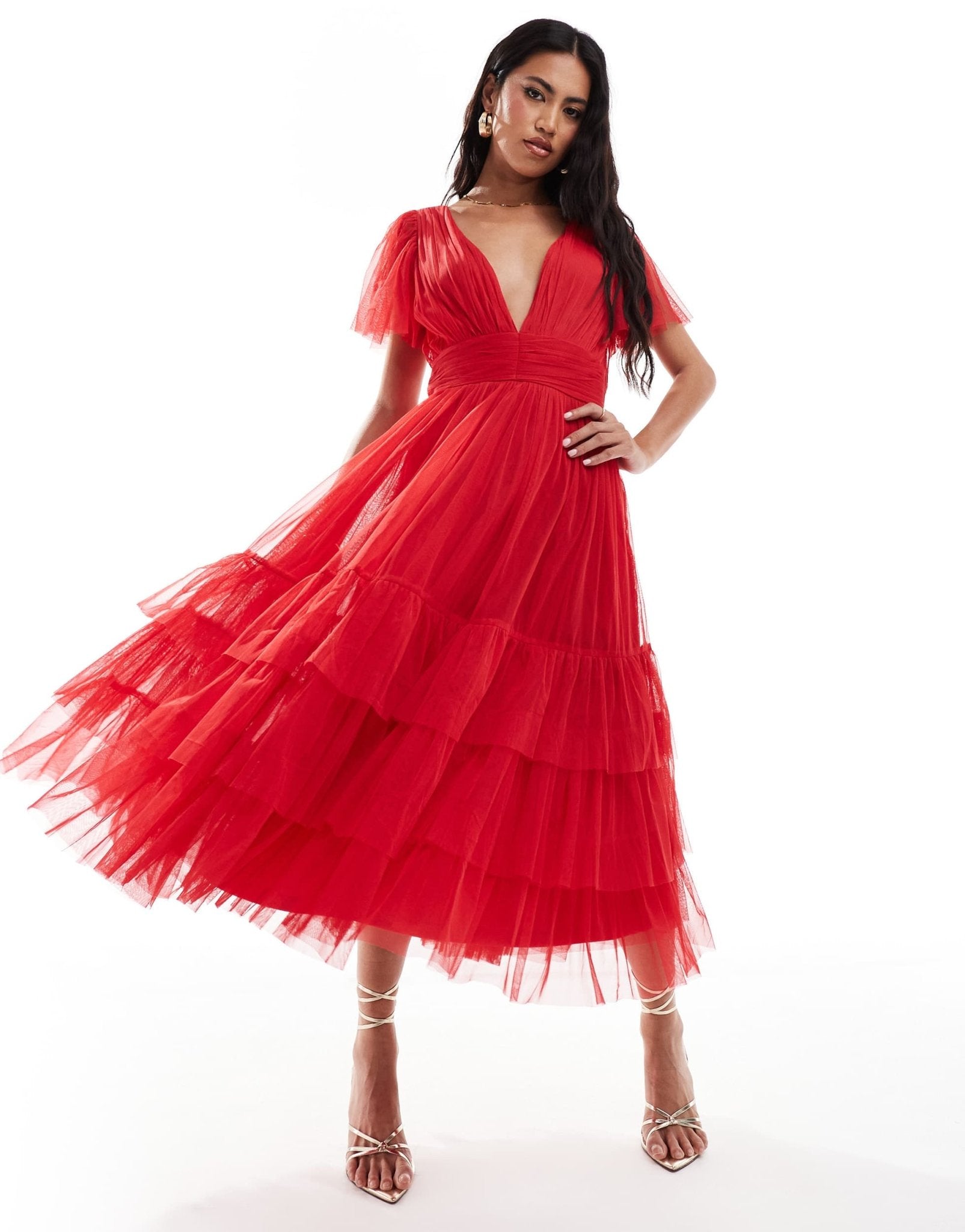 Lace & Beads Madison v neck tulle midi dress in red - ASOS Sample Sale EU Store