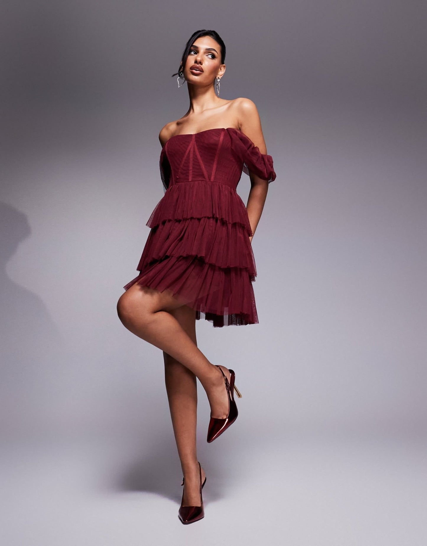 Lace & Beads off shoulder corset tulle mini dress in burgundy - ASOS Sample Sale EU Store