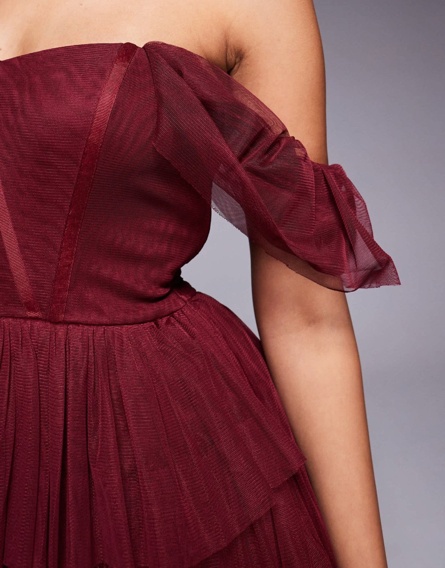 Lace & Beads off shoulder corset tulle mini dress in burgundy - ASOS Sample Sale EU Store