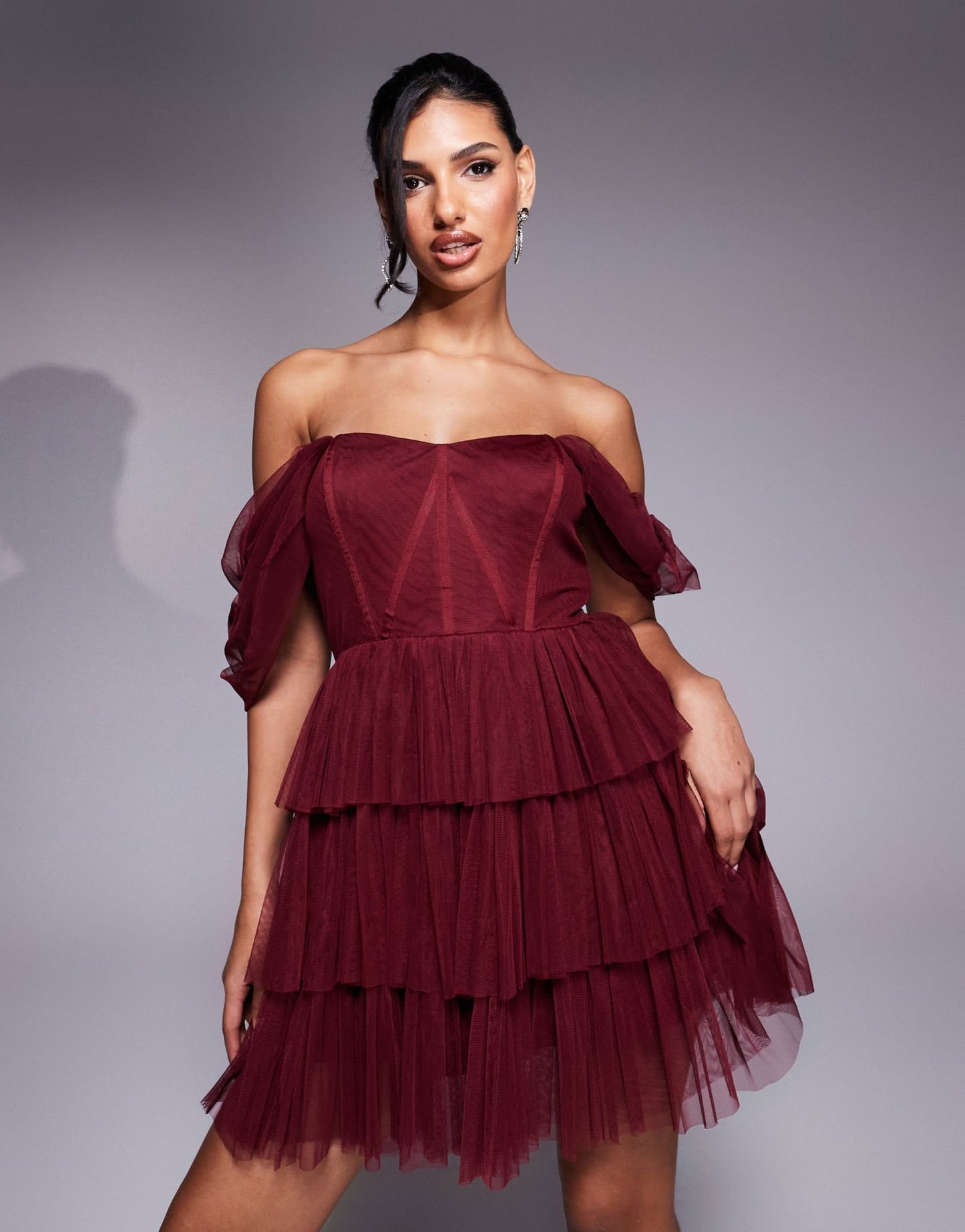 Lace & Beads off shoulder corset tulle mini dress in burgundy - ASOS Sample Sale EU Store