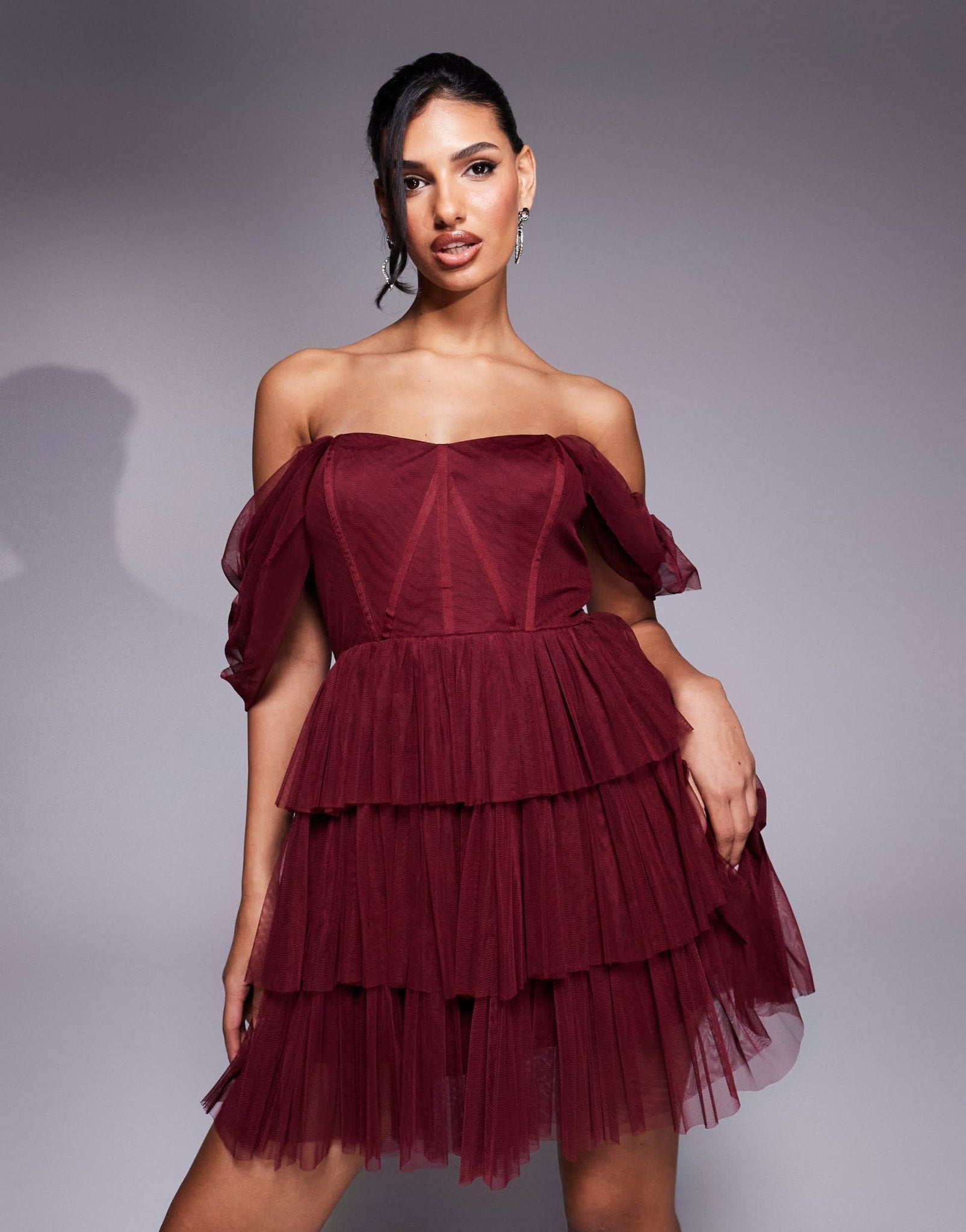 Lace & Beads off shoulder corset tulle mini dress in burgundy - ASOS Sample Sale EU Store