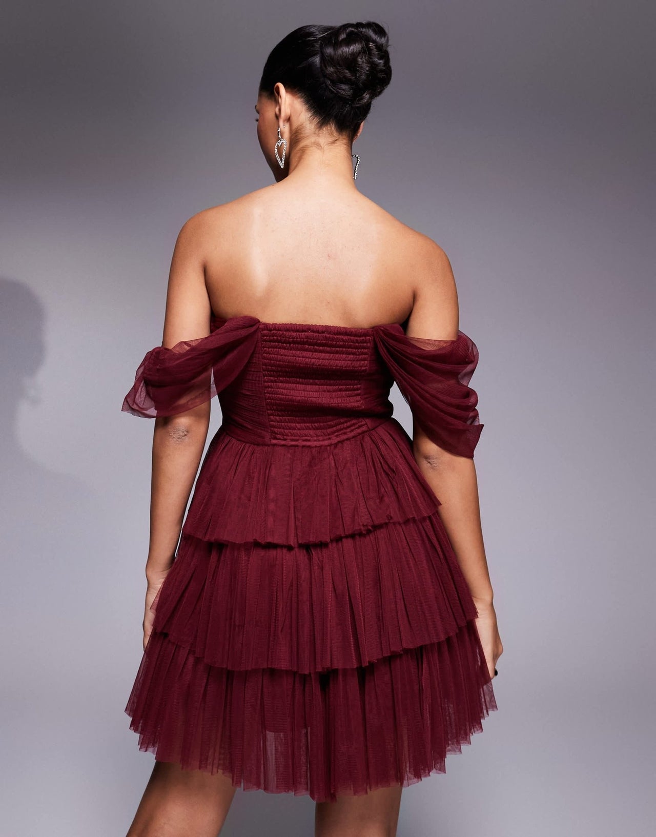 Lace & Beads off shoulder corset tulle mini dress in burgundy - ASOS Sample Sale EU Store