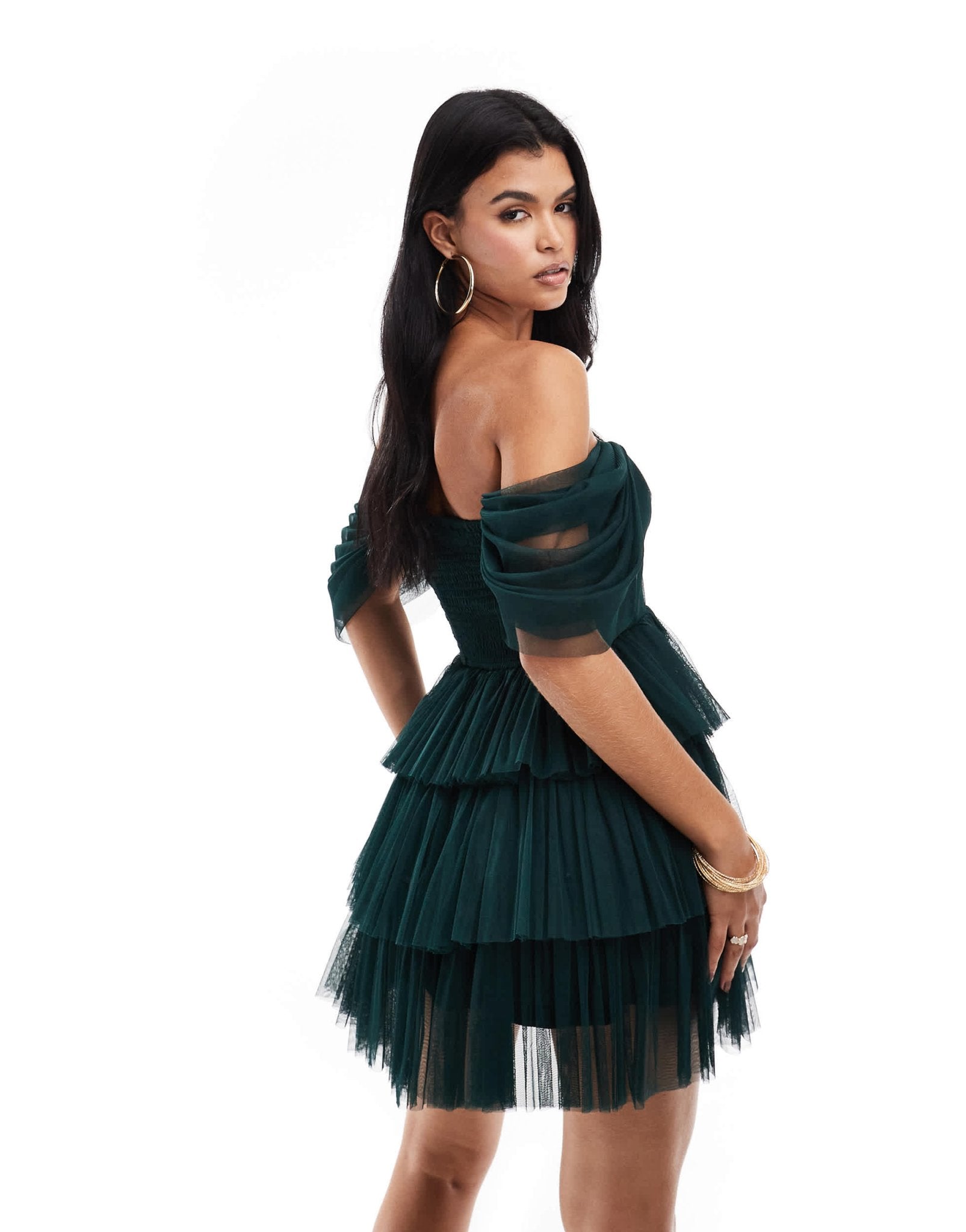Lace & Beads off shoulder corset tulle mini dress in emerald green - ASOS Sample Sale EU Store