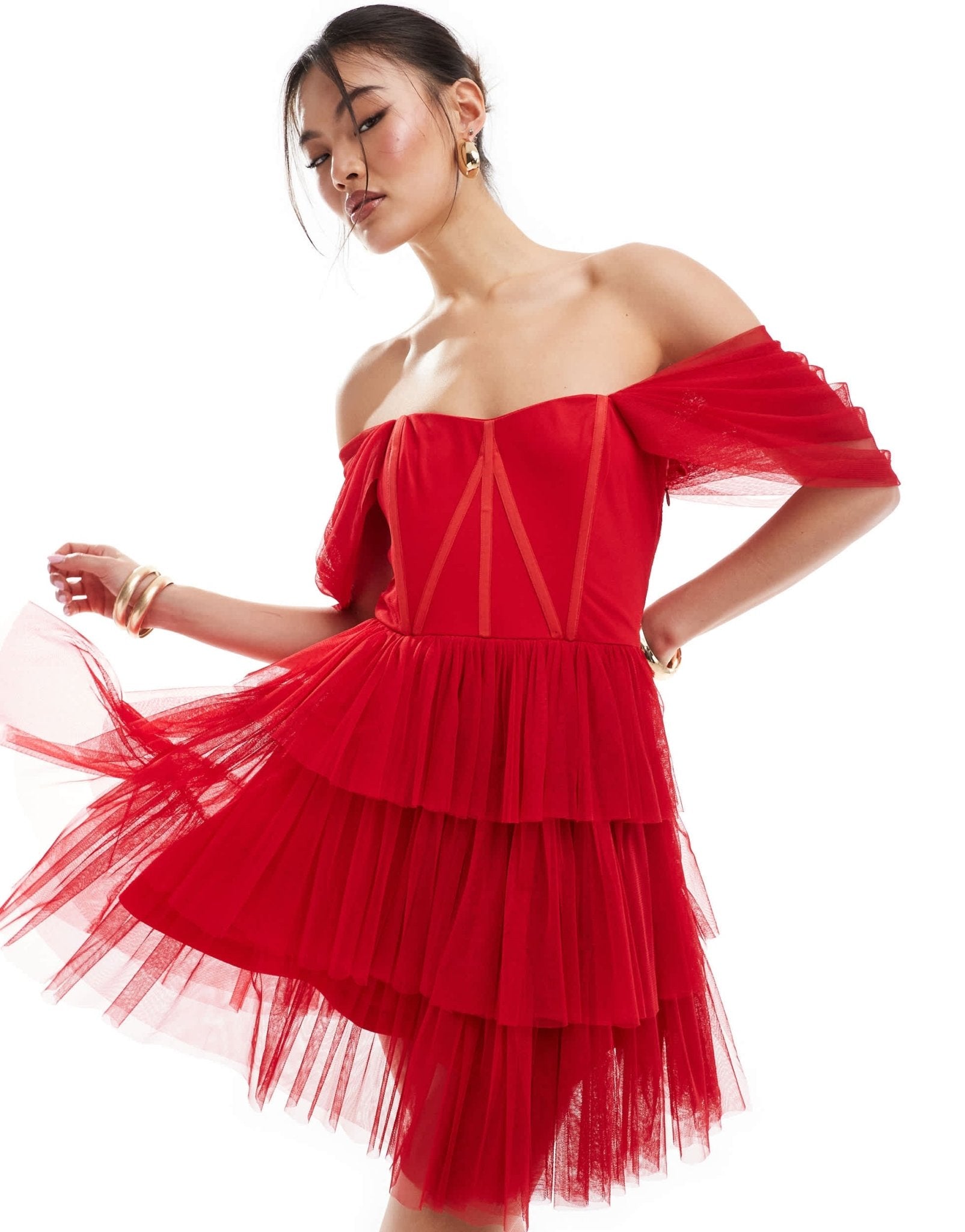 Lace & Beads off shoulder corset tulle mini dress in red - ASOS Sample Sale EU Store