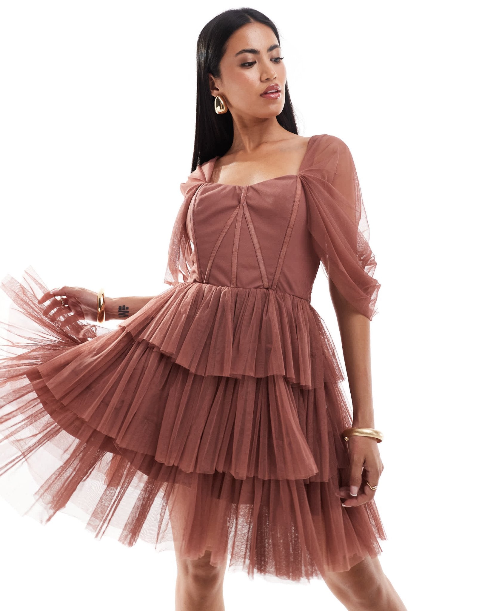 Lace & Beads off shoulder corset tulle mini dress in rose brown - ASOS Sample Sale EU Store