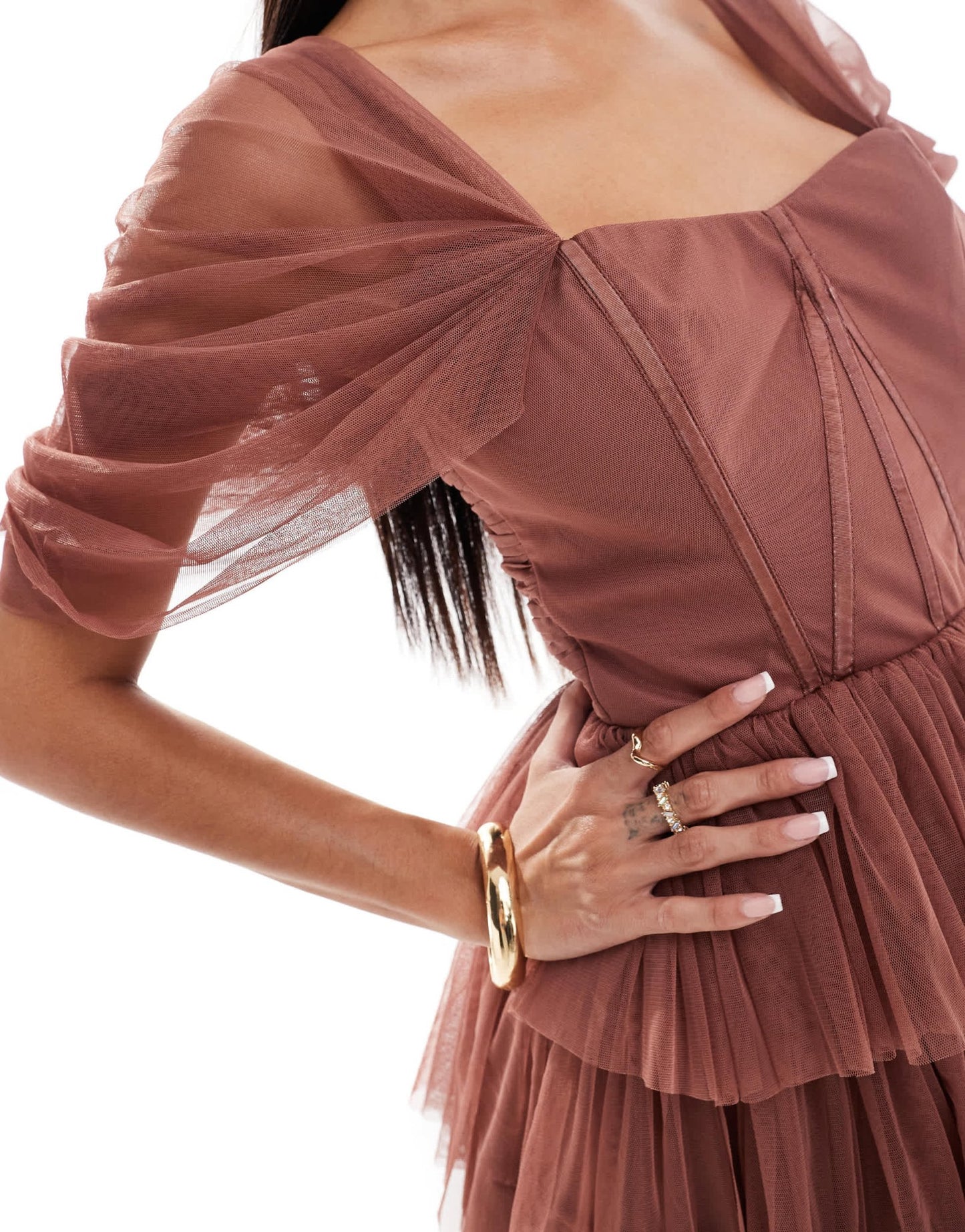 Lace & Beads off shoulder corset tulle mini dress in rose brown - ASOS Sample Sale EU Store