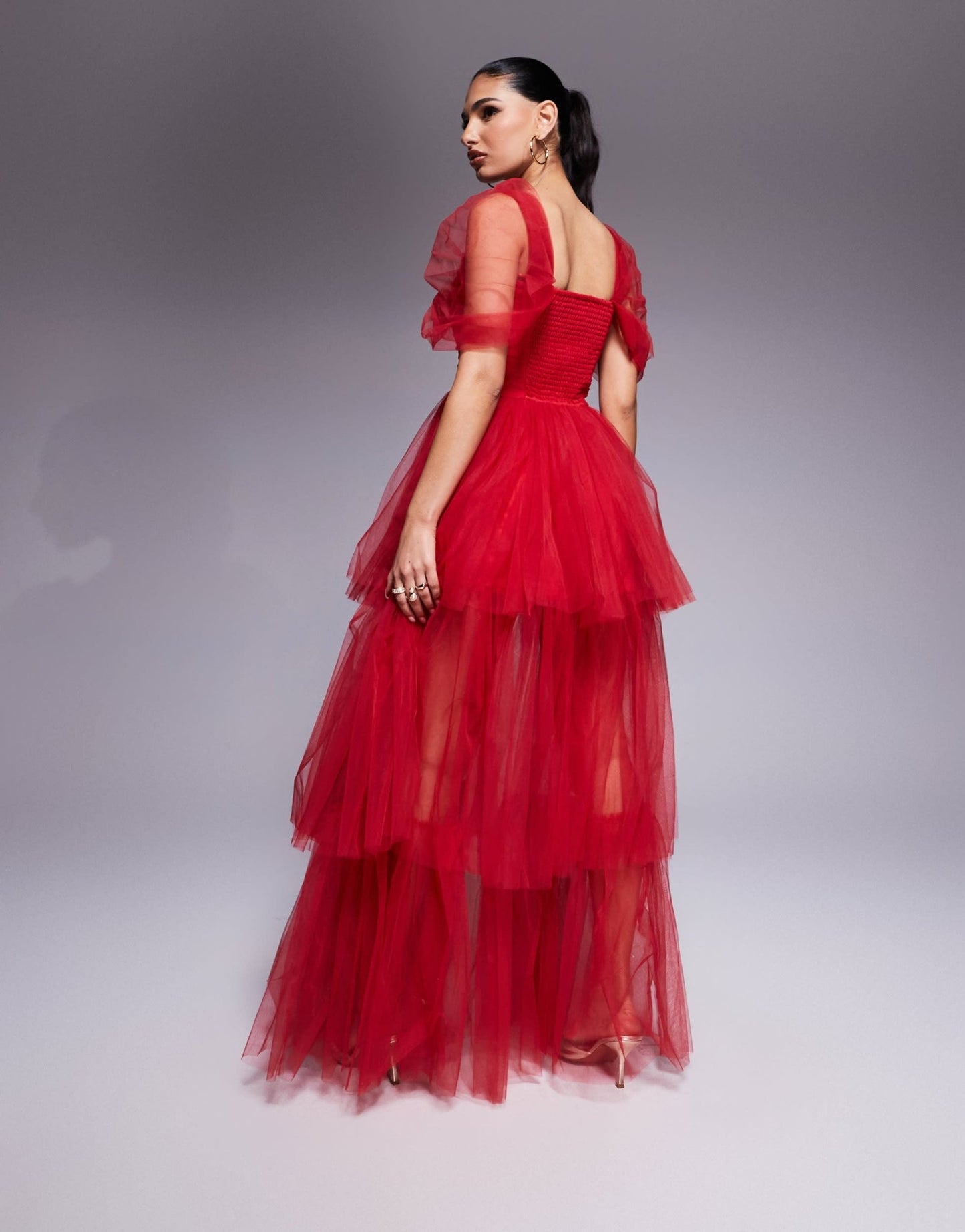 Lace & Beads off shoulder high low tulle maxi dress in red - ASOS Sample Sale EU Store