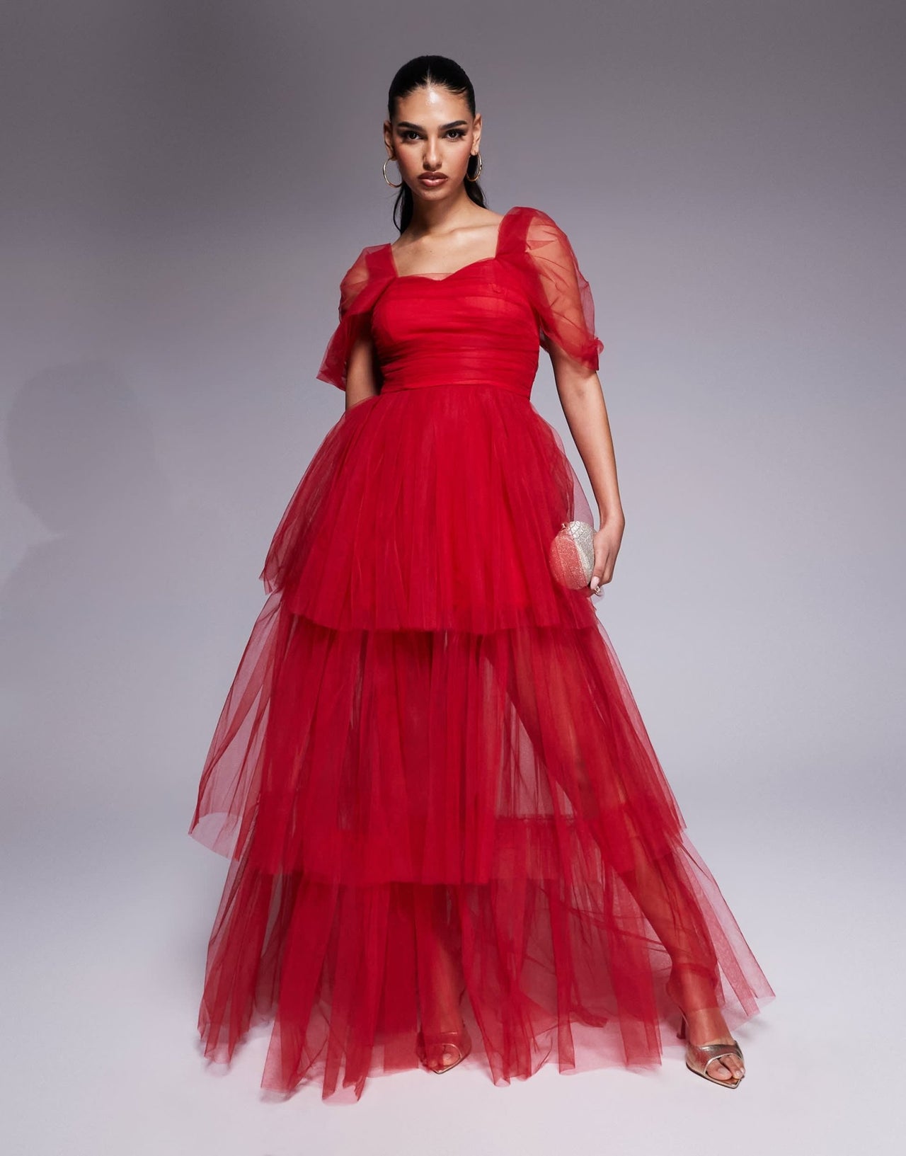 Lace & Beads off shoulder high low tulle maxi dress in red - ASOS Sample Sale EU Store