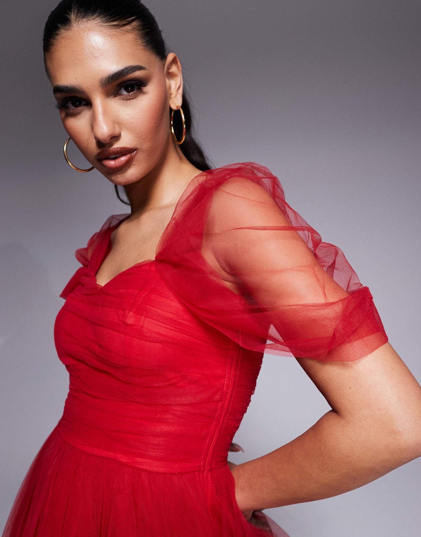 Lace & Beads off shoulder high low tulle maxi dress in red - ASOS Sample Sale EU Store