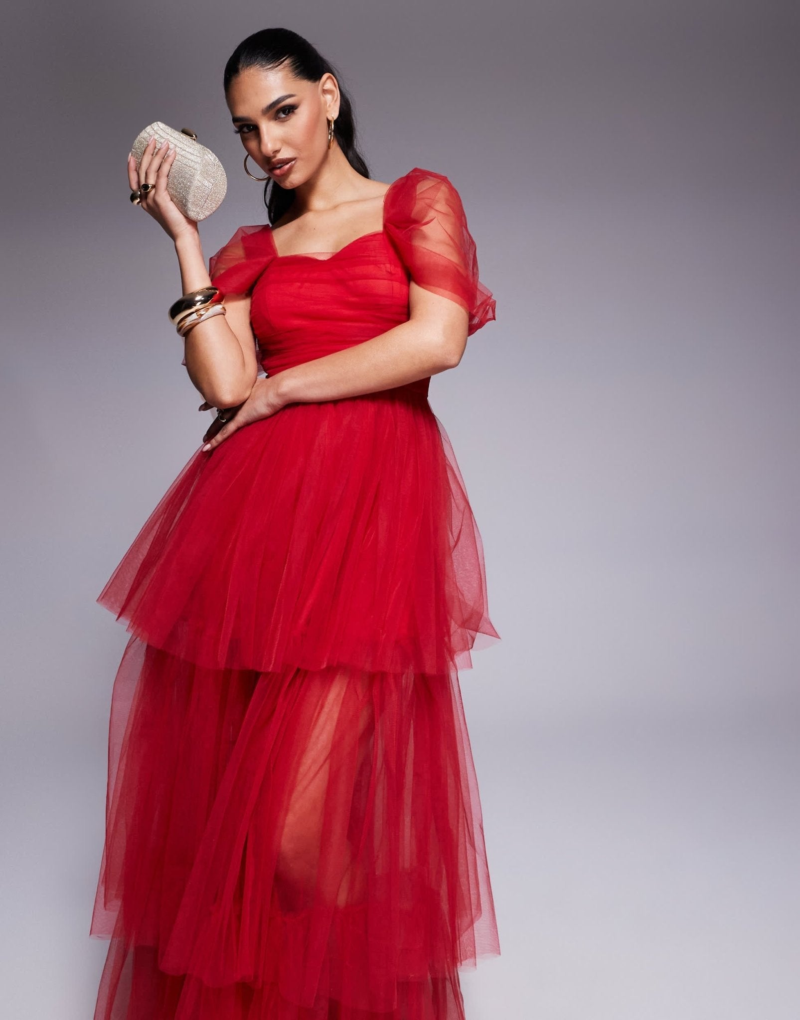 Lace & Beads off shoulder high low tulle maxi dress in red - ASOS Sample Sale EU Store