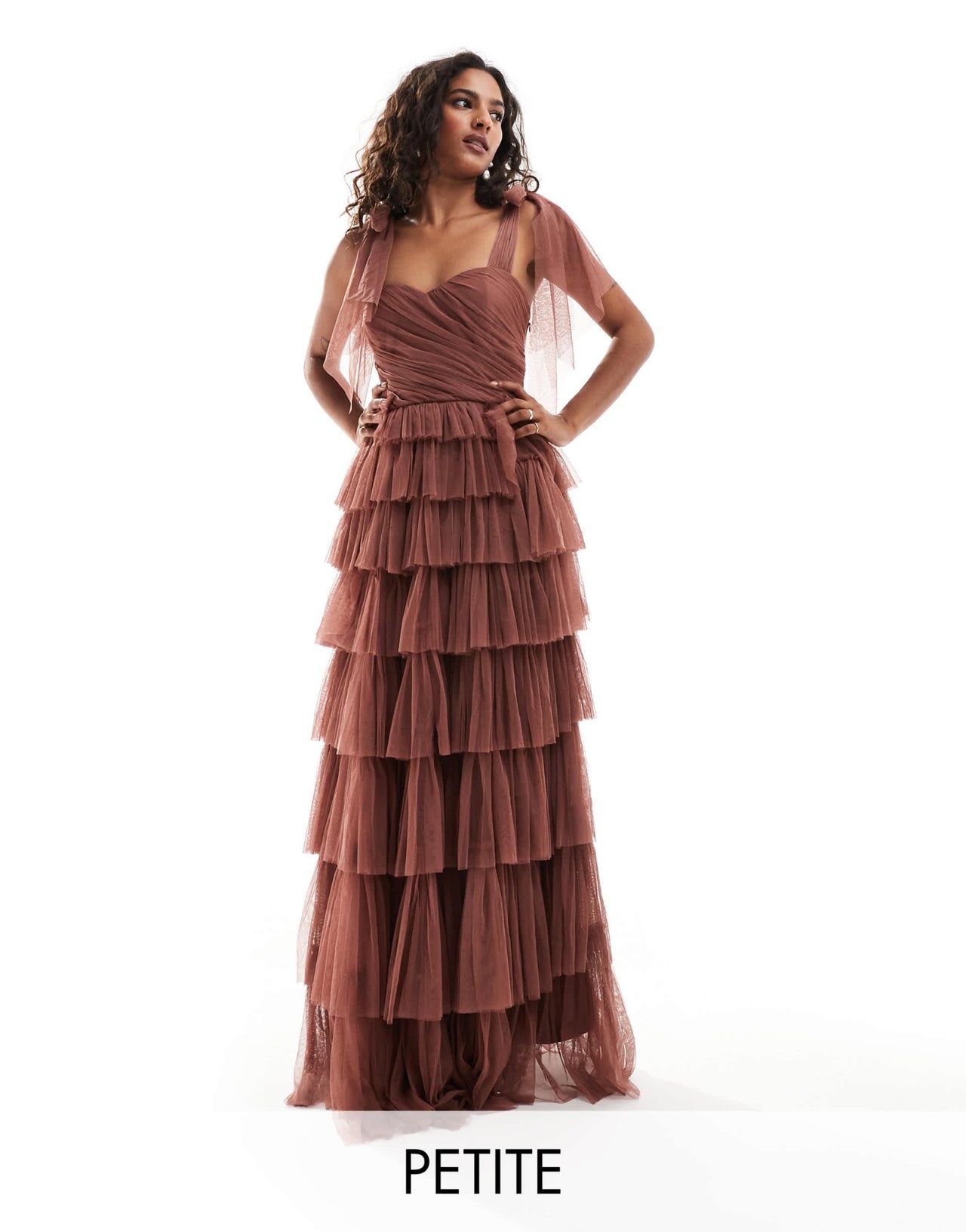 Lace & Beads Petite bow shoulder ruffle maxi dress in rose brown - ASOS Sample Sale EU Store