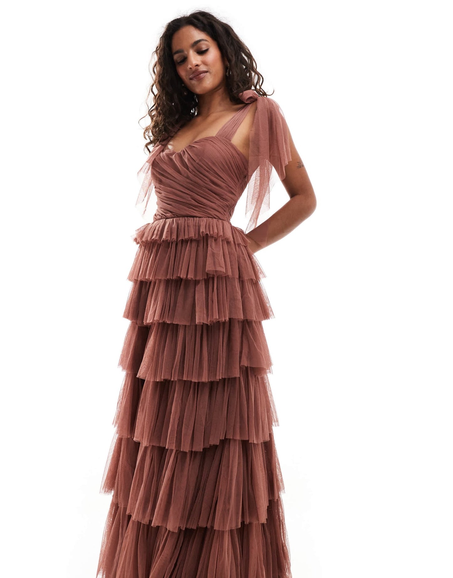 Lace & Beads Petite bow shoulder ruffle maxi dress in rose brown - ASOS Sample Sale EU Store