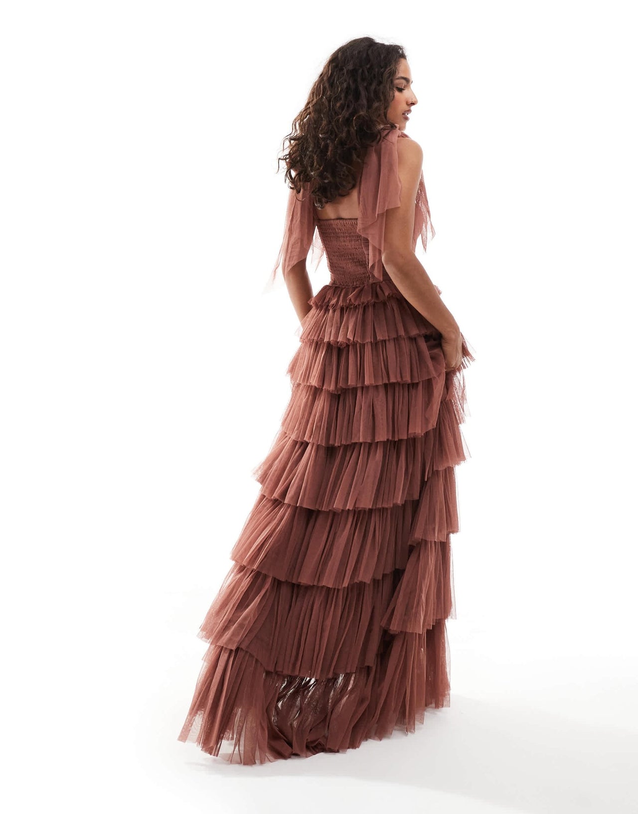 Lace & Beads Petite bow shoulder ruffle maxi dress in rose brown - ASOS Sample Sale EU Store