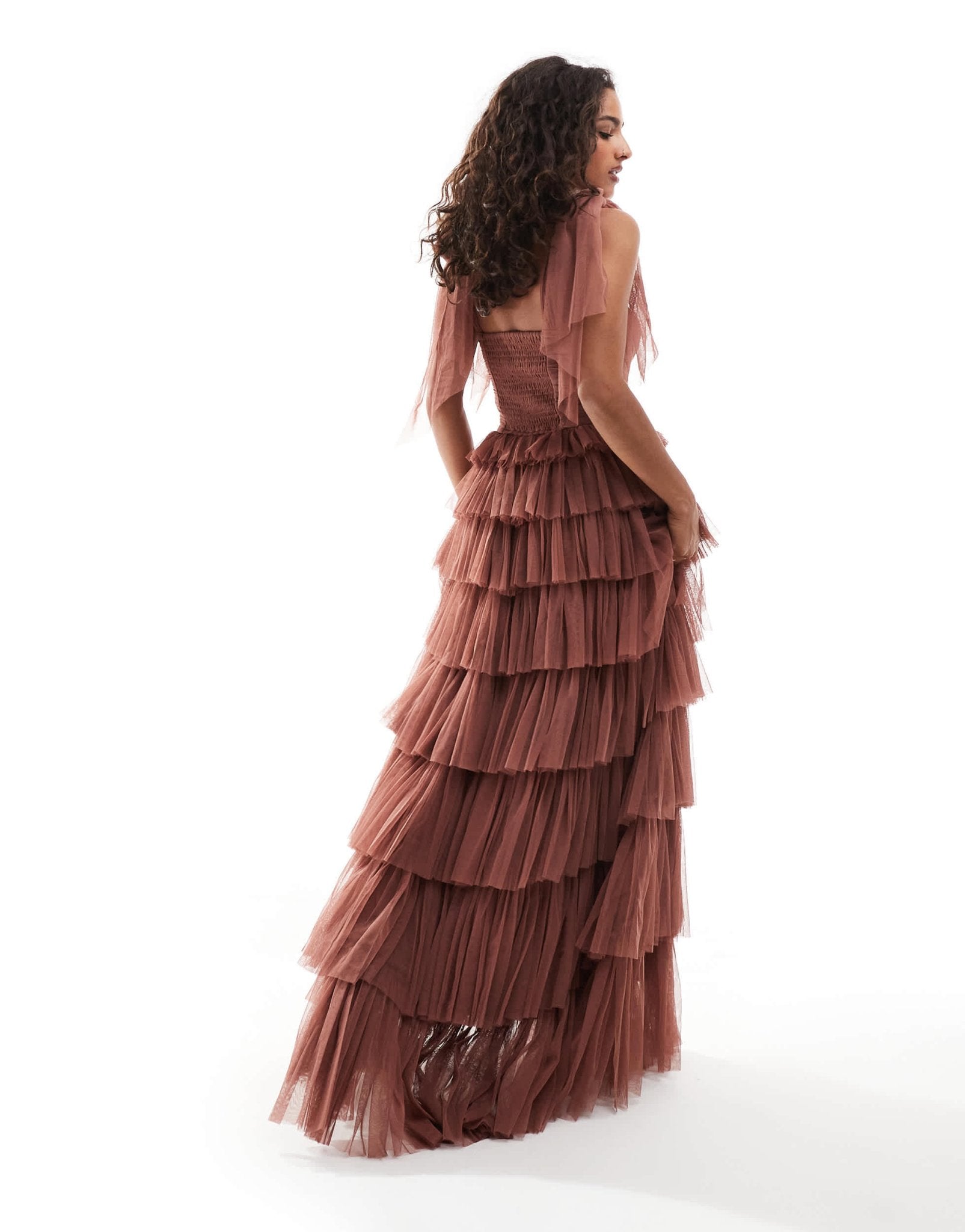 Lace & Beads Petite bow shoulder ruffle maxi dress in rose brown - ASOS Sample Sale EU Store