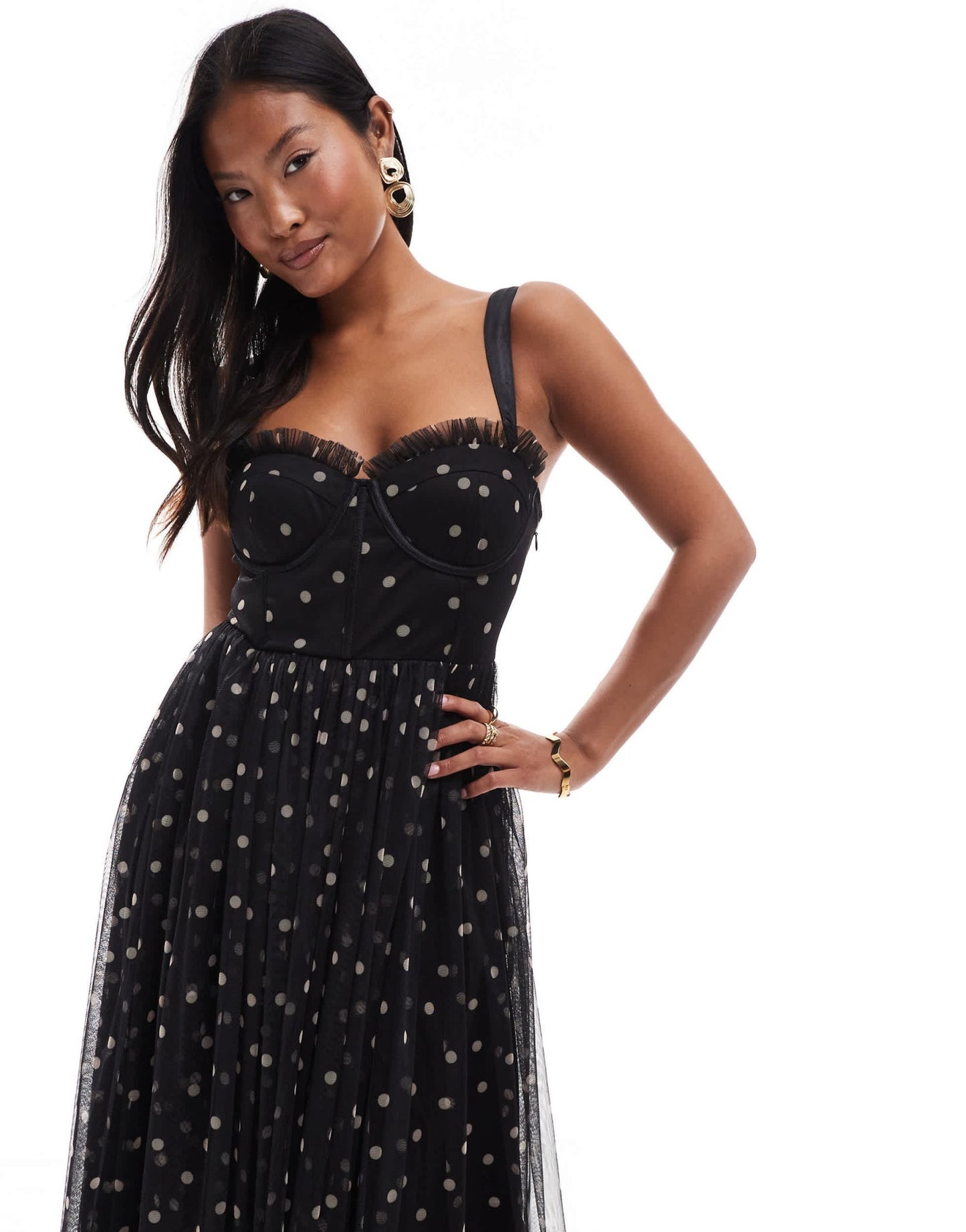 Lace & Beads Petite corset midi dress in black polka dot - ASOS Sample Sale EU Store