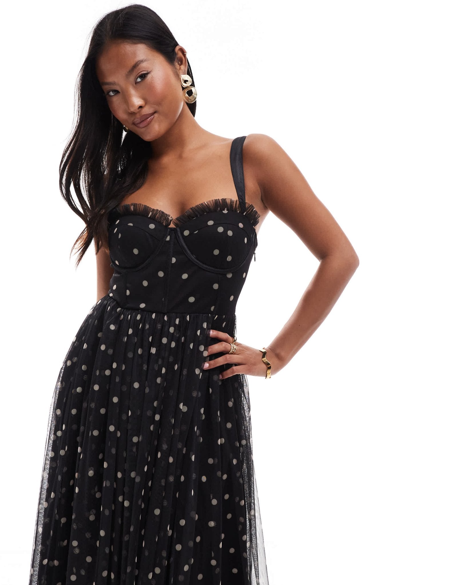 Lace & Beads Petite corset midi dress in black polka dot - ASOS Sample Sale EU Store