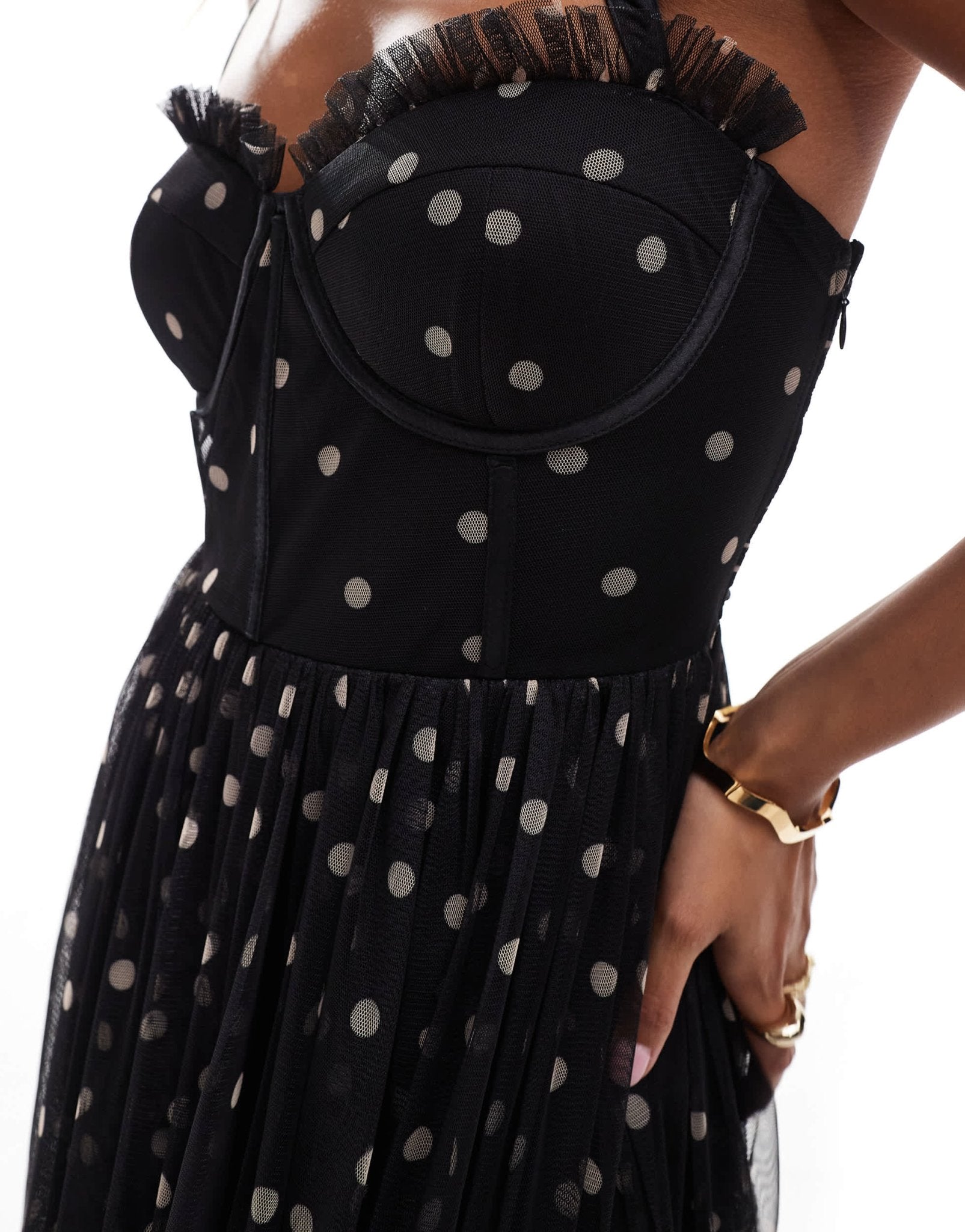 Lace & Beads Petite corset midi dress in black polka dot - ASOS Sample Sale EU Store