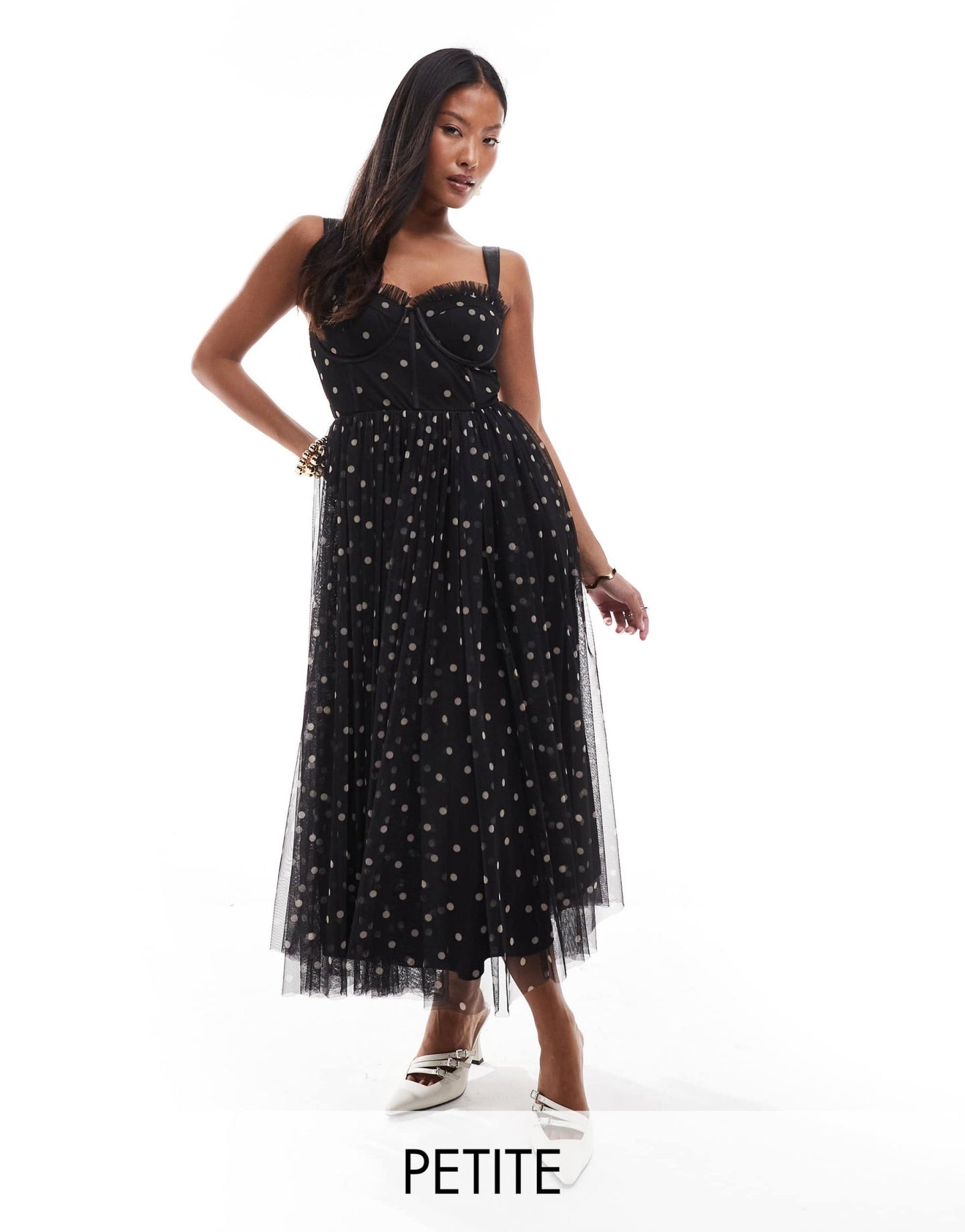 Lace & Beads Petite corset midi dress in black polka dot - ASOS Sample Sale EU Store