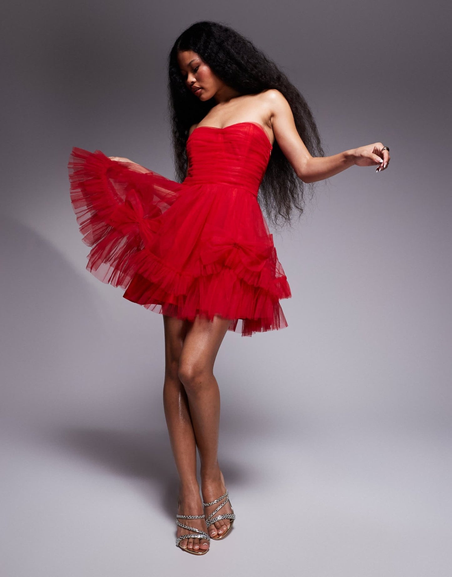 Lace & Beads Petite corset overlay tulle bow mini dress in red - ASOS Sample Sale EU Store