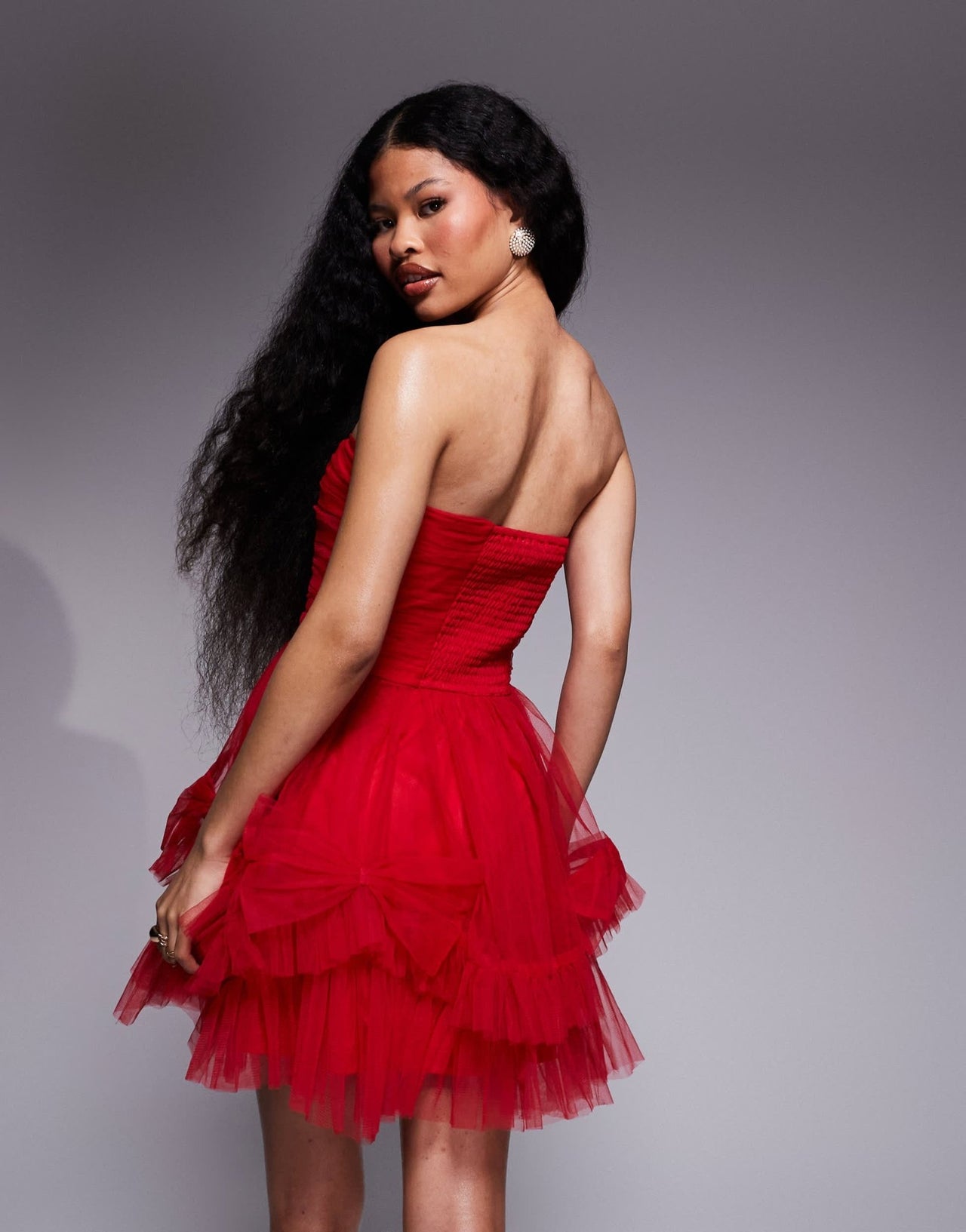 Lace & Beads Petite corset overlay tulle bow mini dress in red - ASOS Sample Sale EU Store