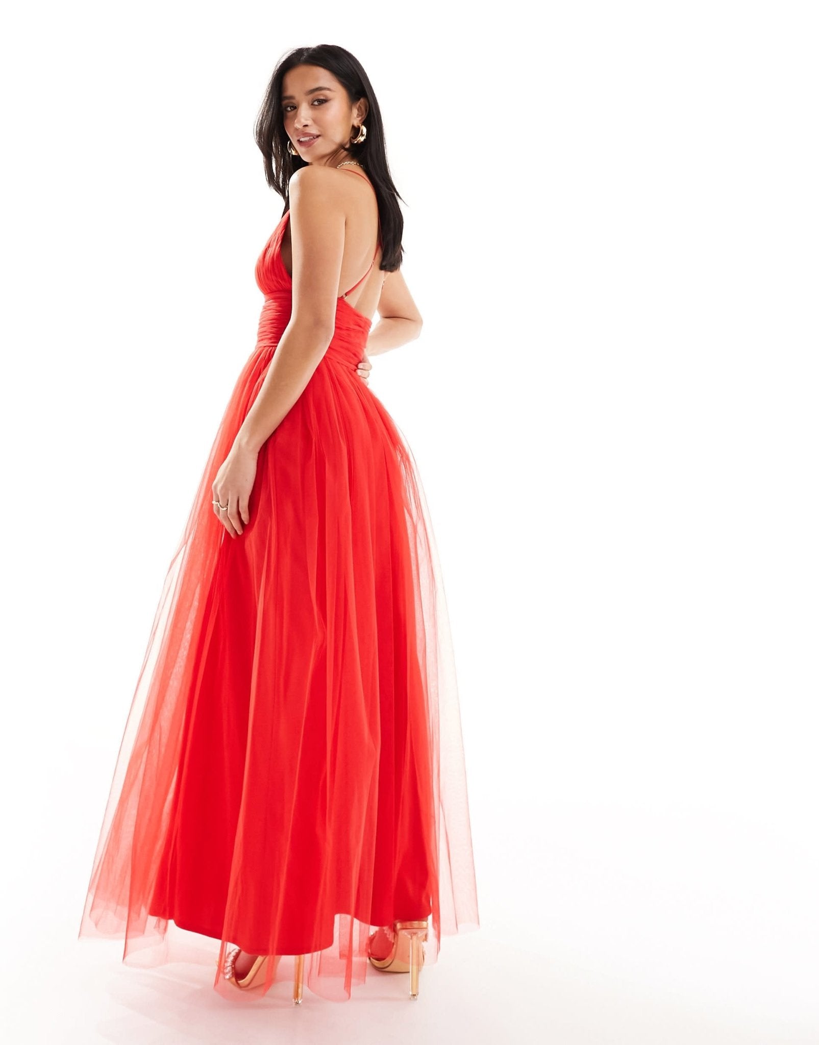 Lace & Beads Petite cross back tulle maxi dress in red - ASOS Sample Sale EU Store