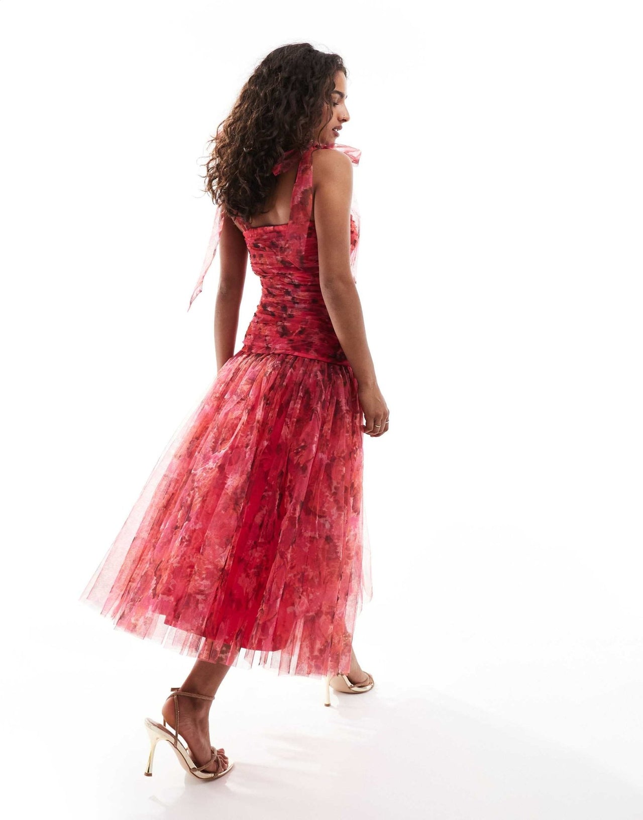 Lace & Beads Petite drop waist bow shoulder midaxi dress in red rose - ASOS Sample Sale EU Store