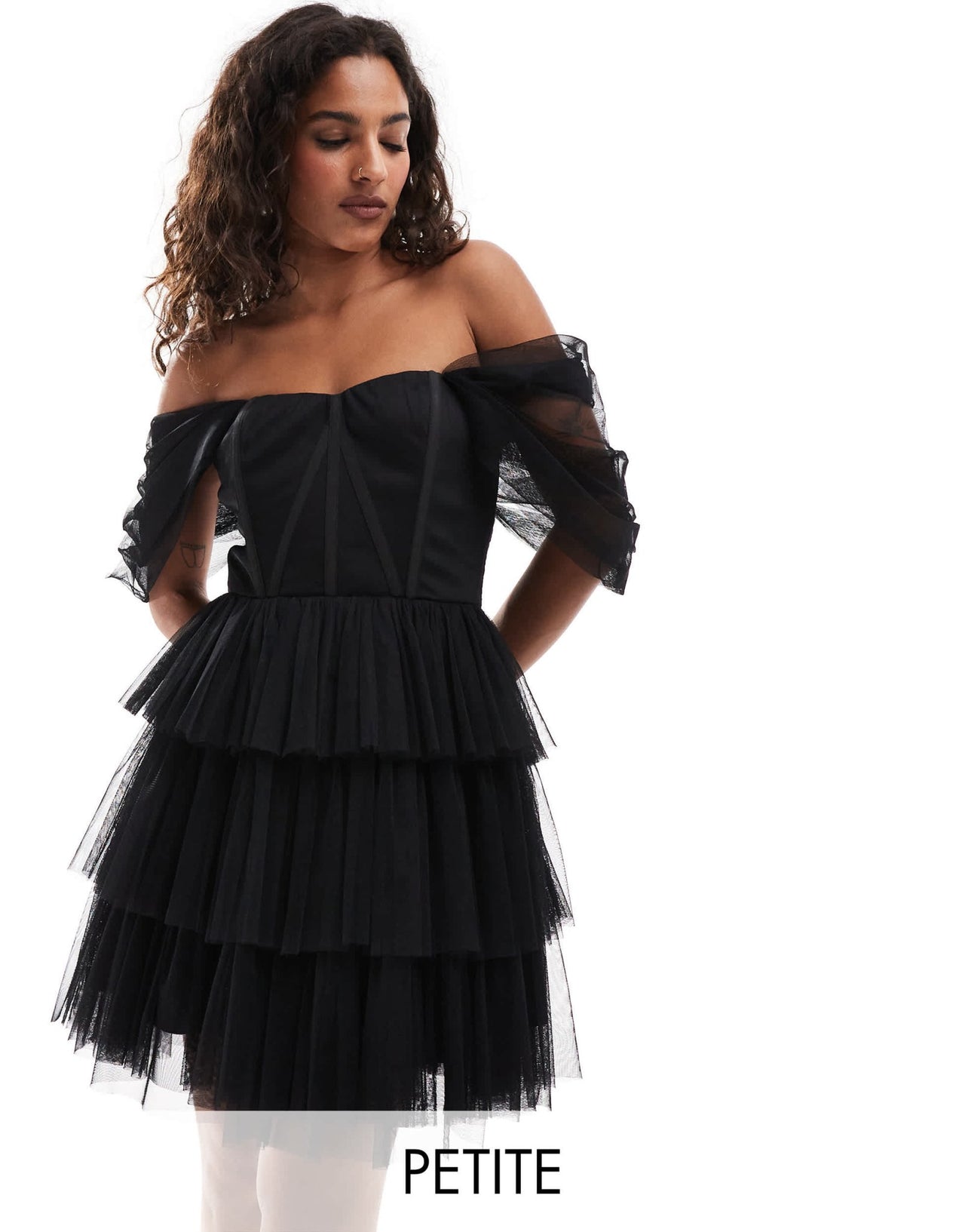 Lace & Beads Petite off shoulder corset tulle mini dress in black - ASOS Sample Sale EU Store