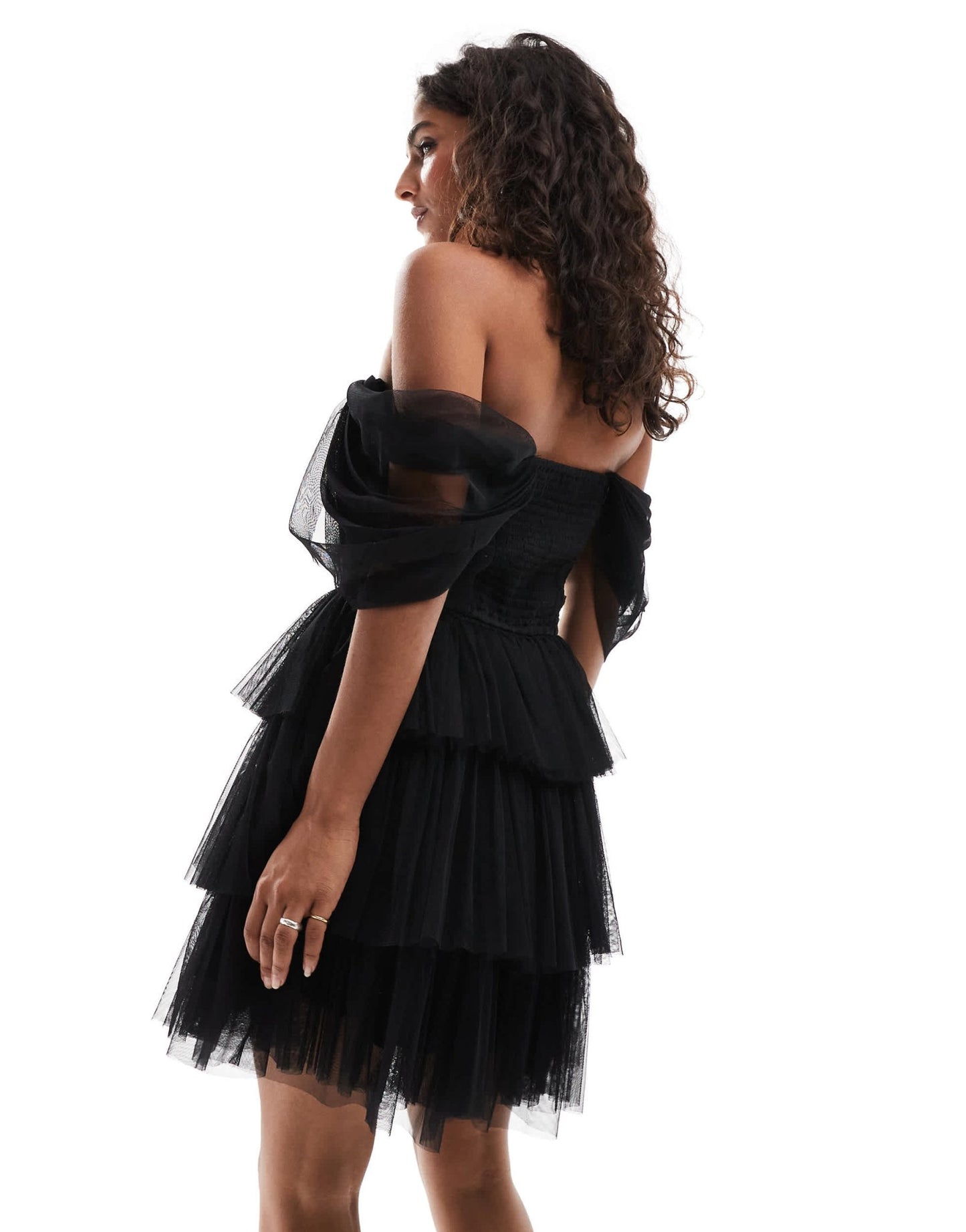 Lace & Beads Petite off shoulder corset tulle mini dress in black - ASOS Sample Sale EU Store