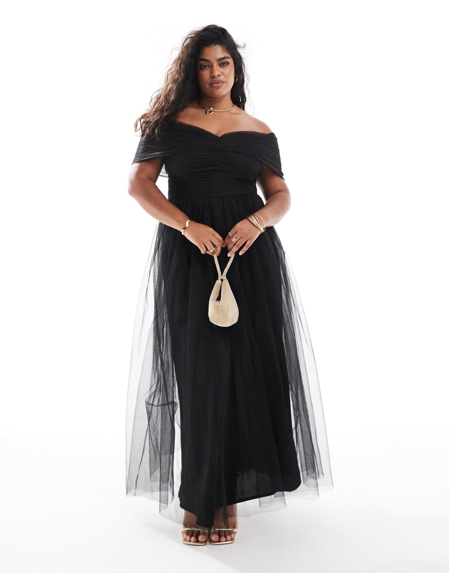 Lace & Beads Plus bow off shoulder tulle maxi dress in black - ASOS Sample Sale EU Store