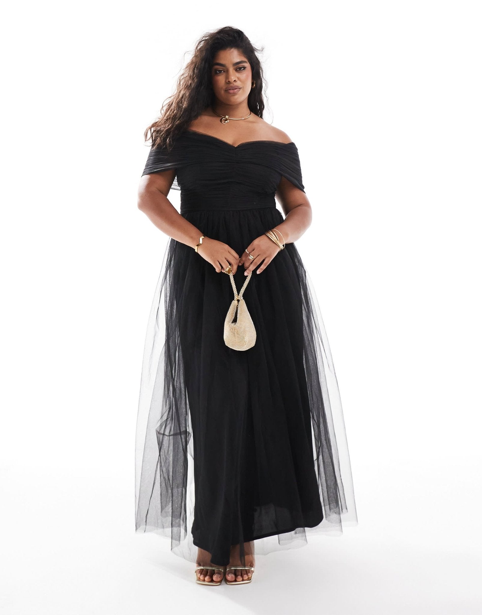 Lace & Beads Plus bow off shoulder tulle maxi dress in black - ASOS Sample Sale EU Store