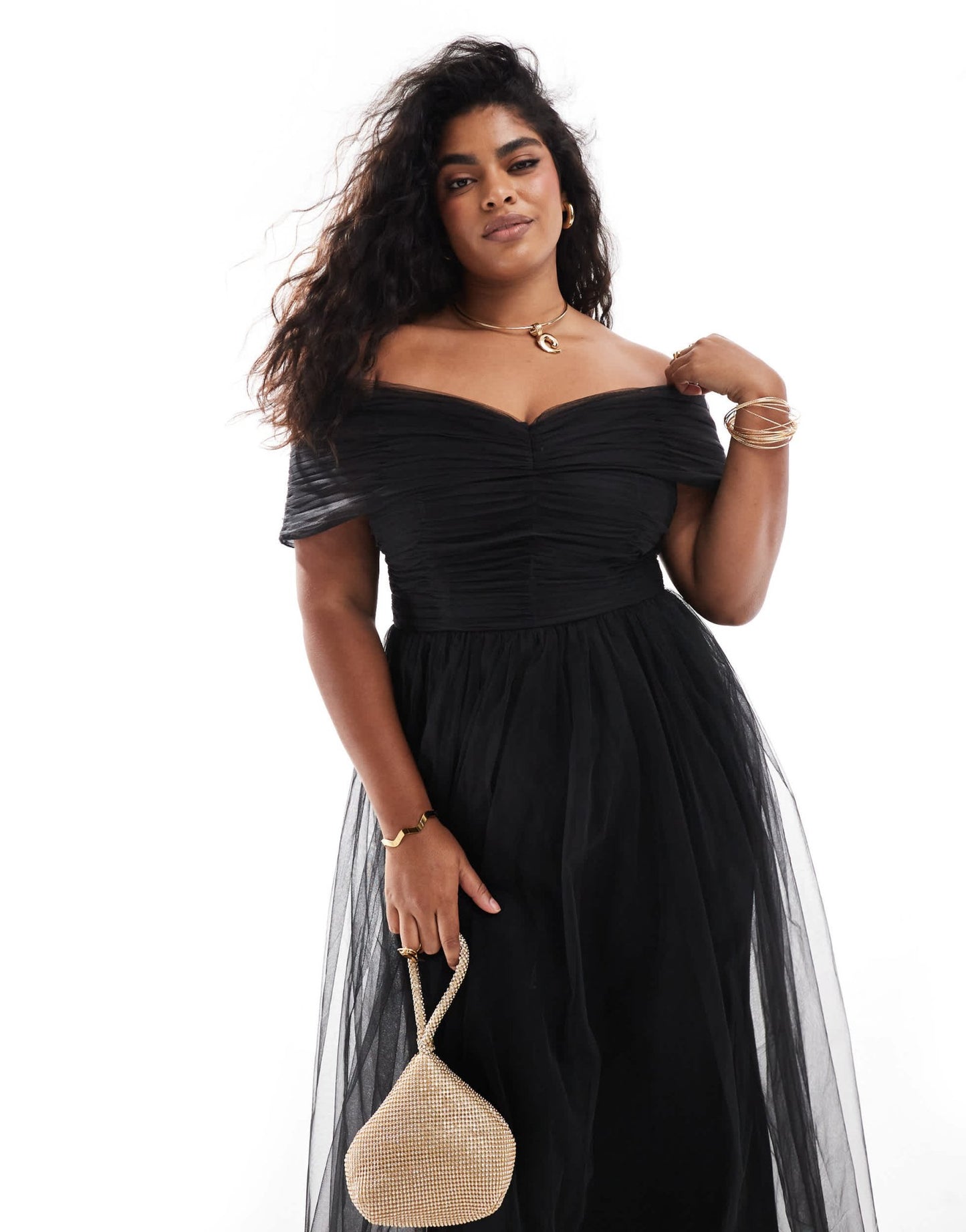 Lace & Beads Plus bow off shoulder tulle maxi dress in black - ASOS Sample Sale EU Store