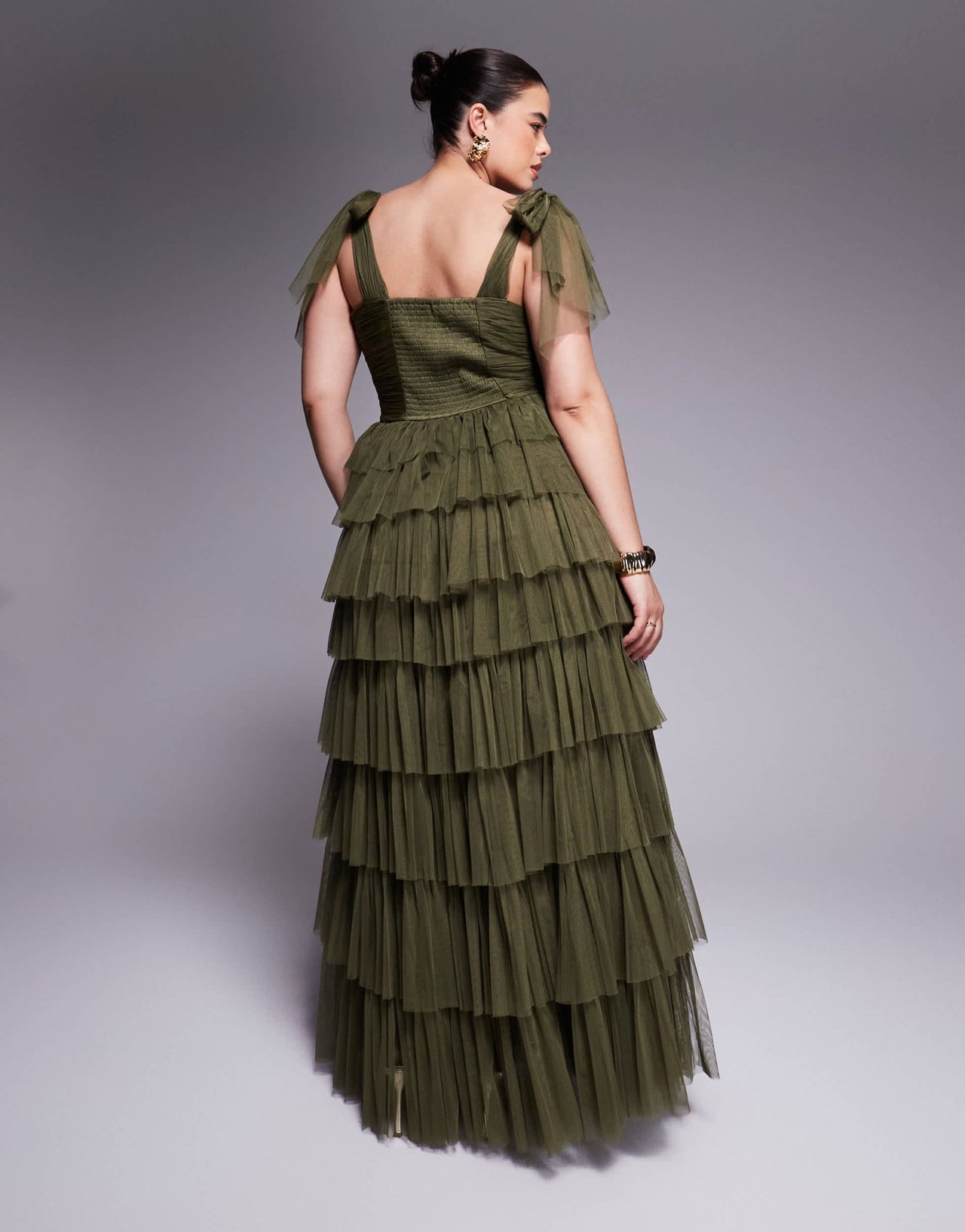 Lace & Beads Plus bow shoulder tiered tulle maxi dress in deep olive - ASOS Sample Sale EU Store