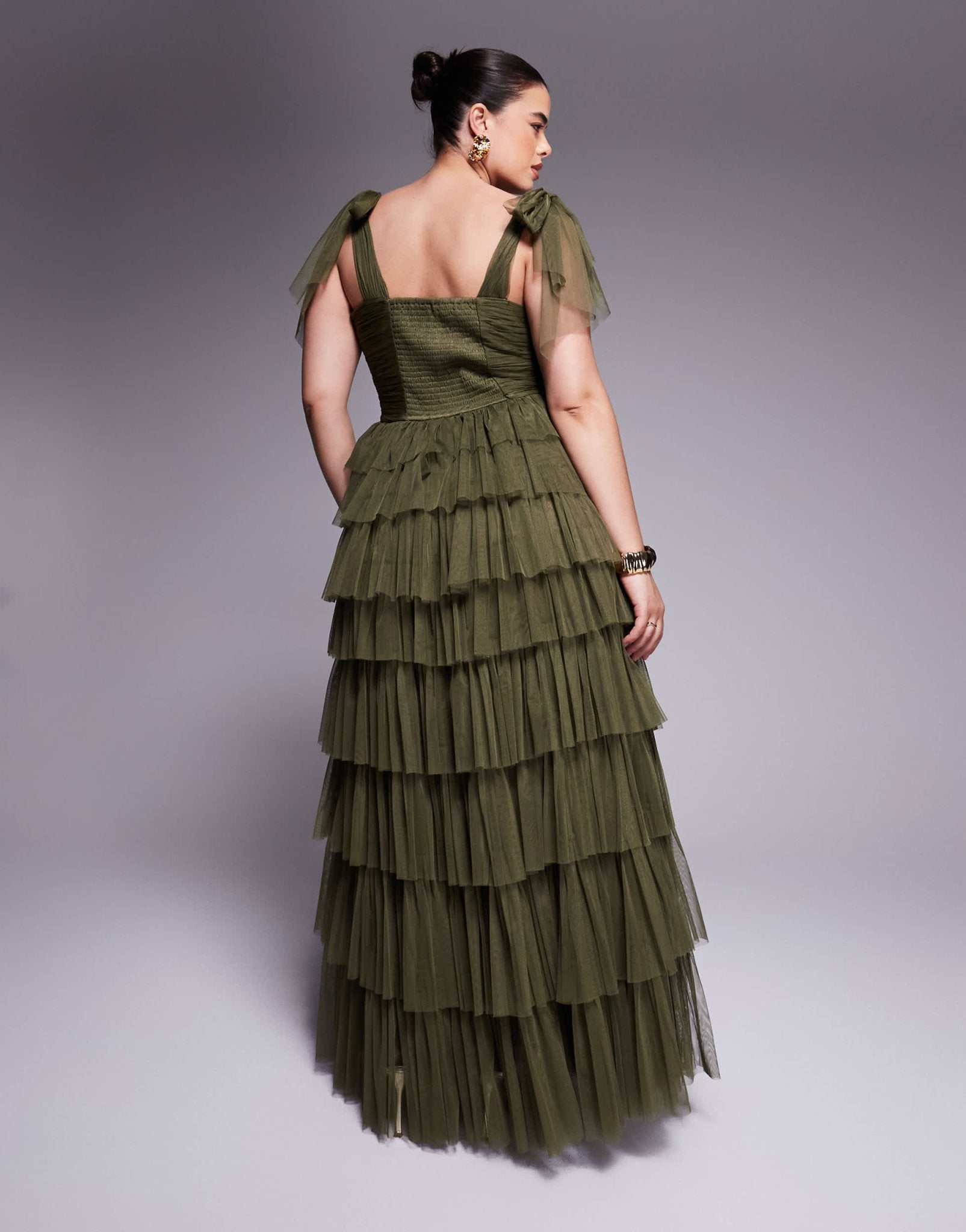 Lace & Beads Plus bow shoulder tiered tulle maxi dress in deep olive - ASOS Sample Sale EU Store
