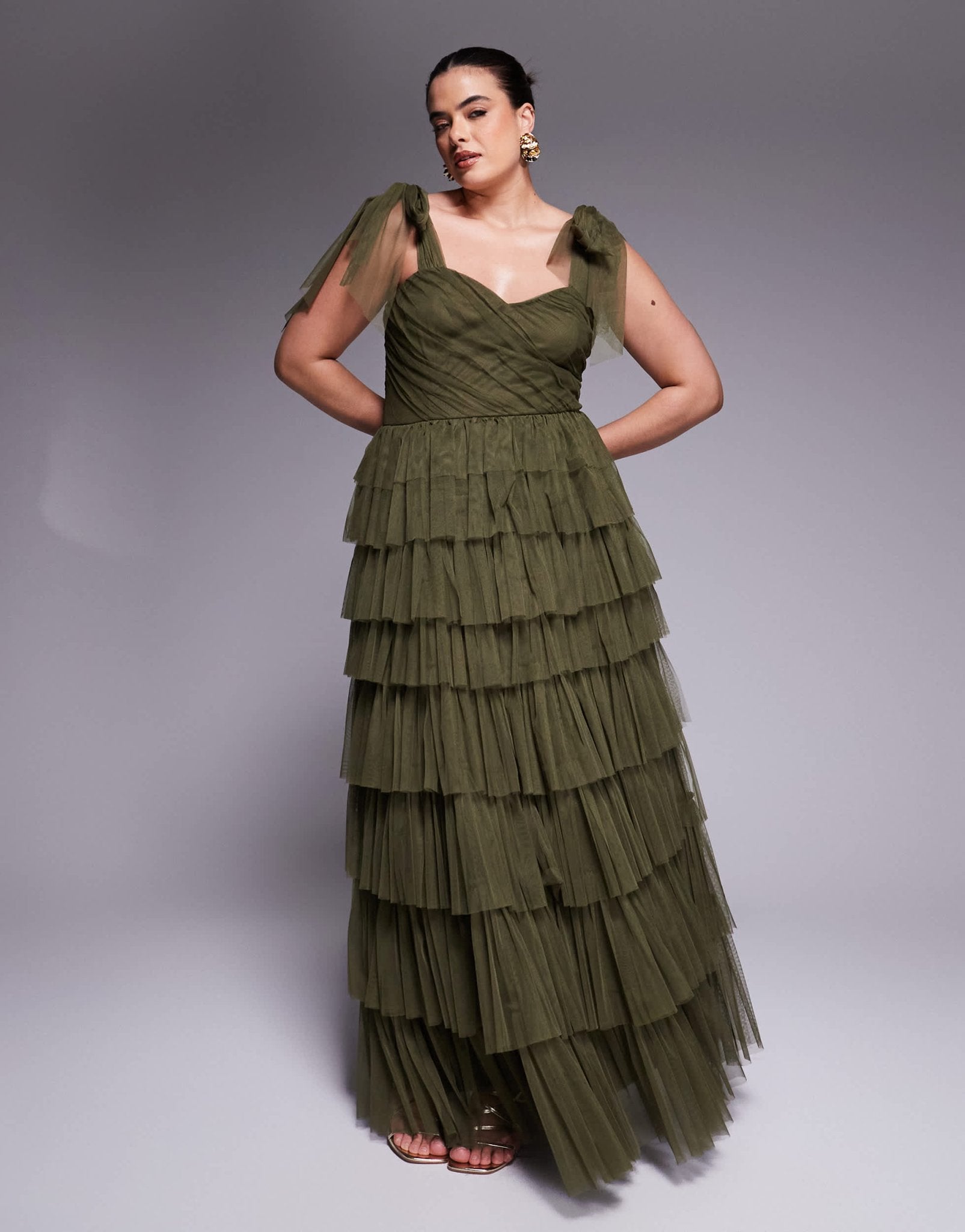Lace & Beads Plus bow shoulder tiered tulle maxi dress in deep olive - ASOS Sample Sale EU Store