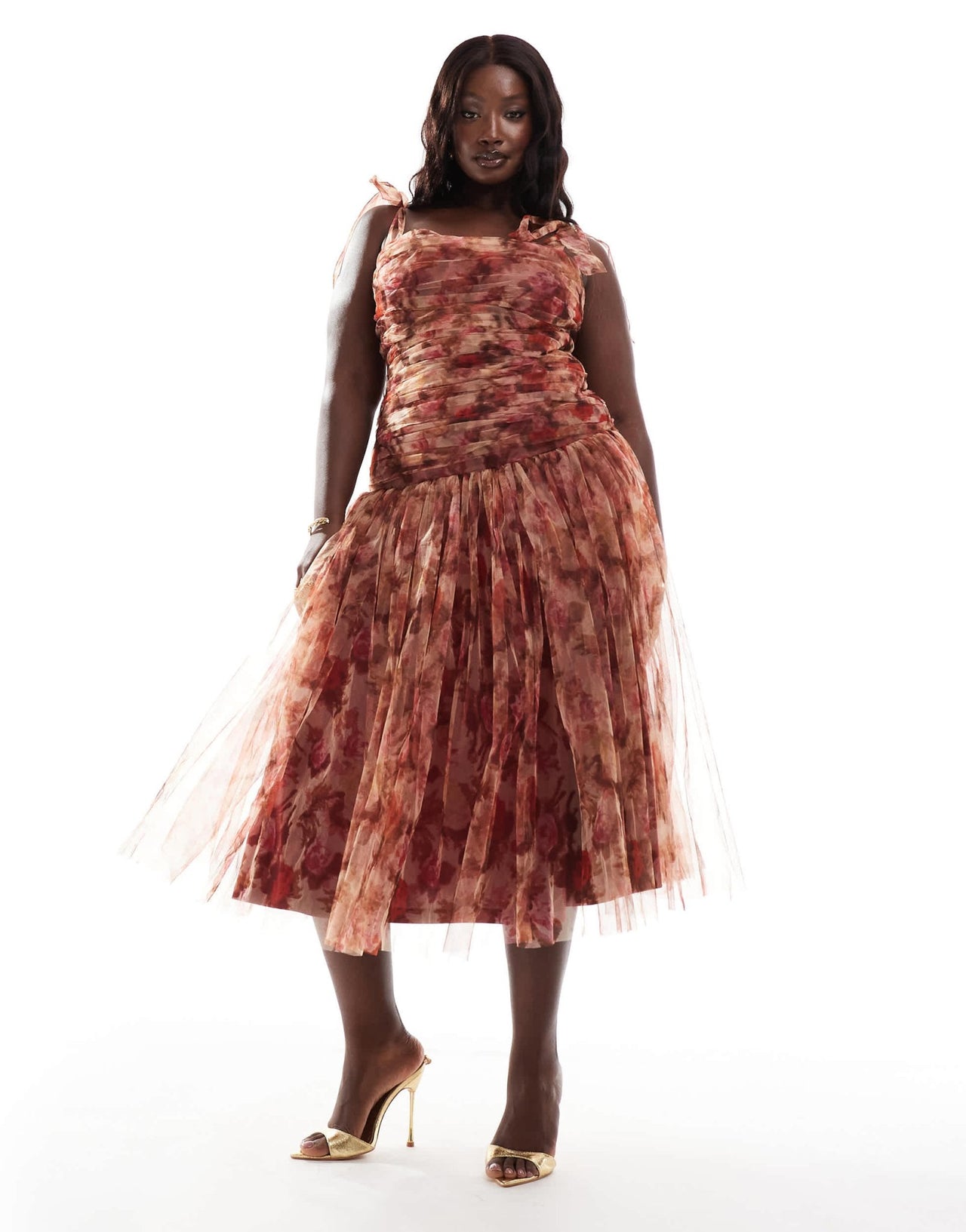 Lace & Beads Plus drop waist bow shoulder midaxi dress in rose print - ASOS Sample Sale EU Store