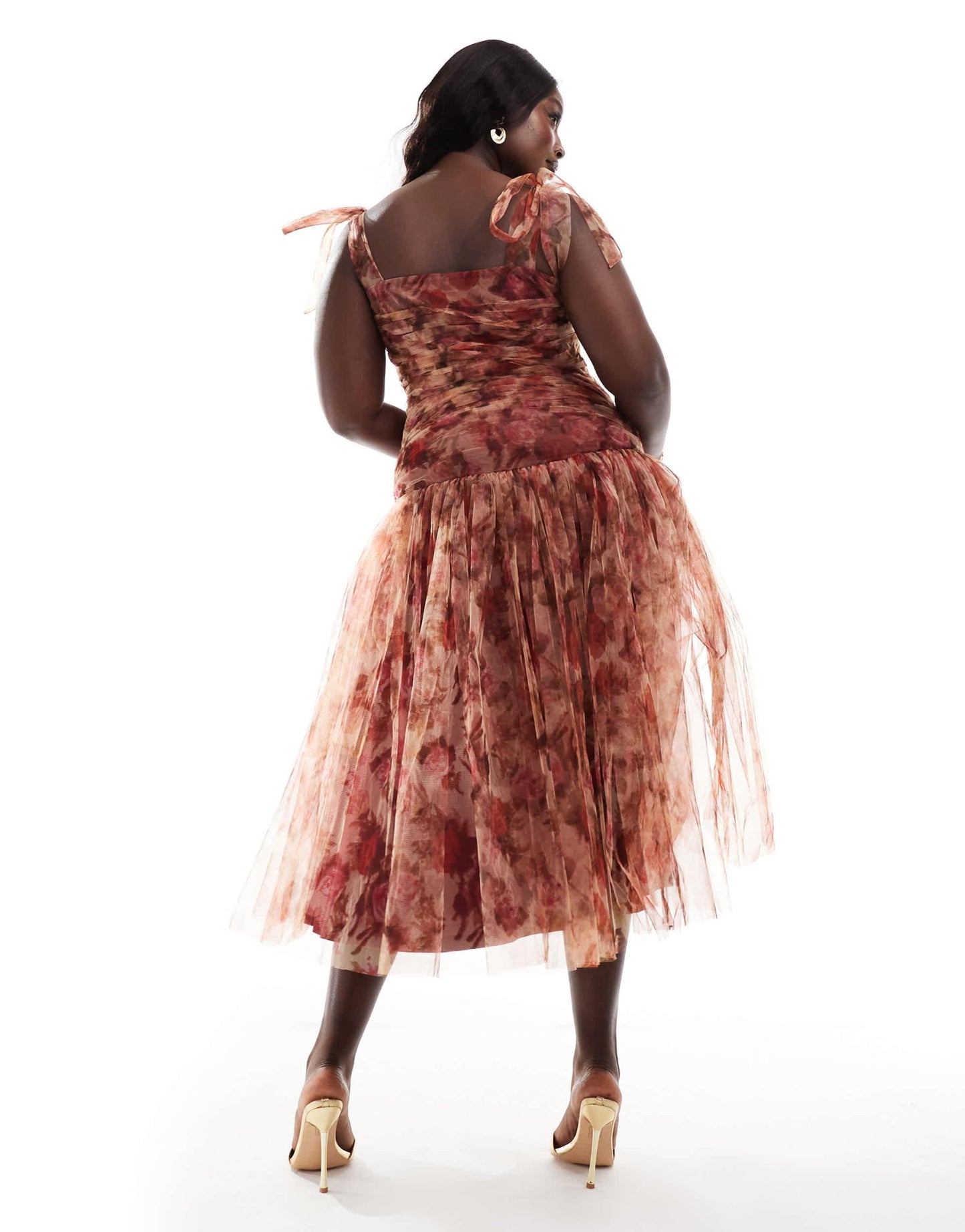 Lace & Beads Plus drop waist bow shoulder midaxi dress in rose print - ASOS Sample Sale EU Store