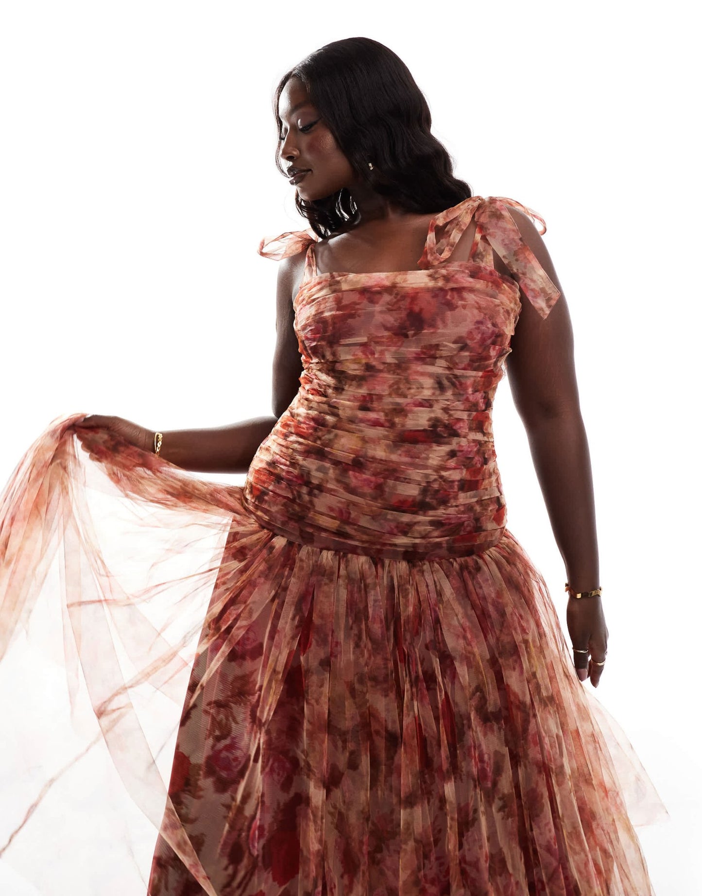 Lace & Beads Plus drop waist bow shoulder midaxi dress in rose print - ASOS Sample Sale EU Store