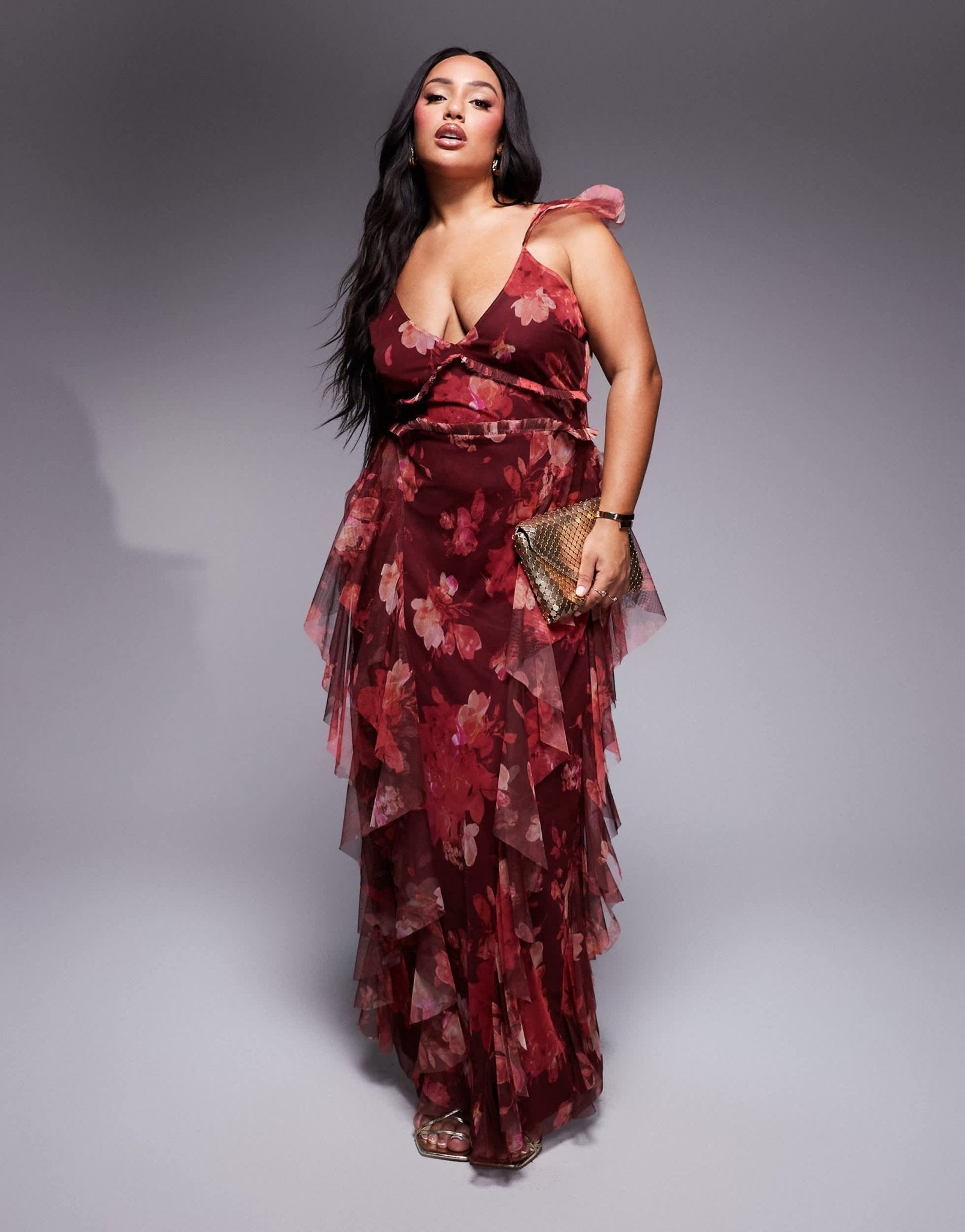 Lace & Beads Plus tulle ruffle maxi dress in burgundy red rose - ASOS Sample Sale EU Store