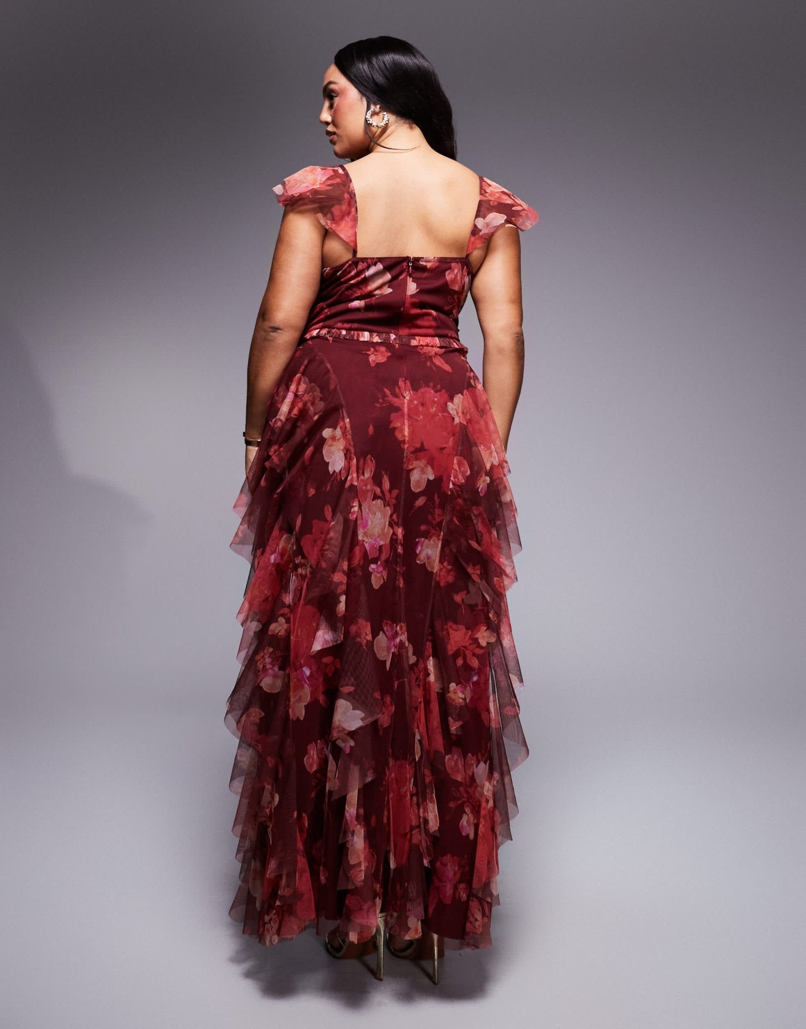 Lace & Beads Plus tulle ruffle maxi dress in burgundy red rose - ASOS Sample Sale EU Store
