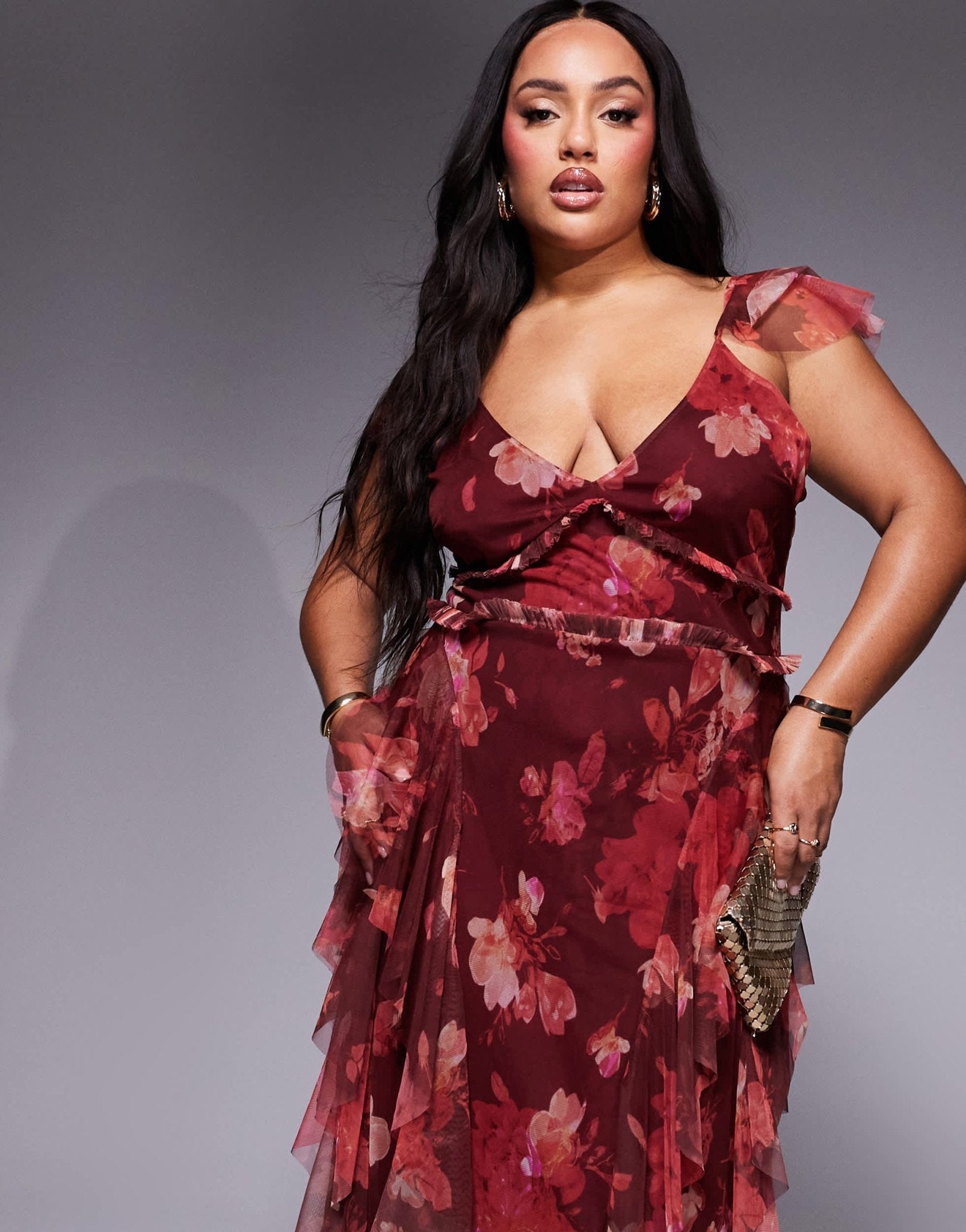 Lace & Beads Plus tulle ruffle maxi dress in burgundy red rose - ASOS Sample Sale EU Store